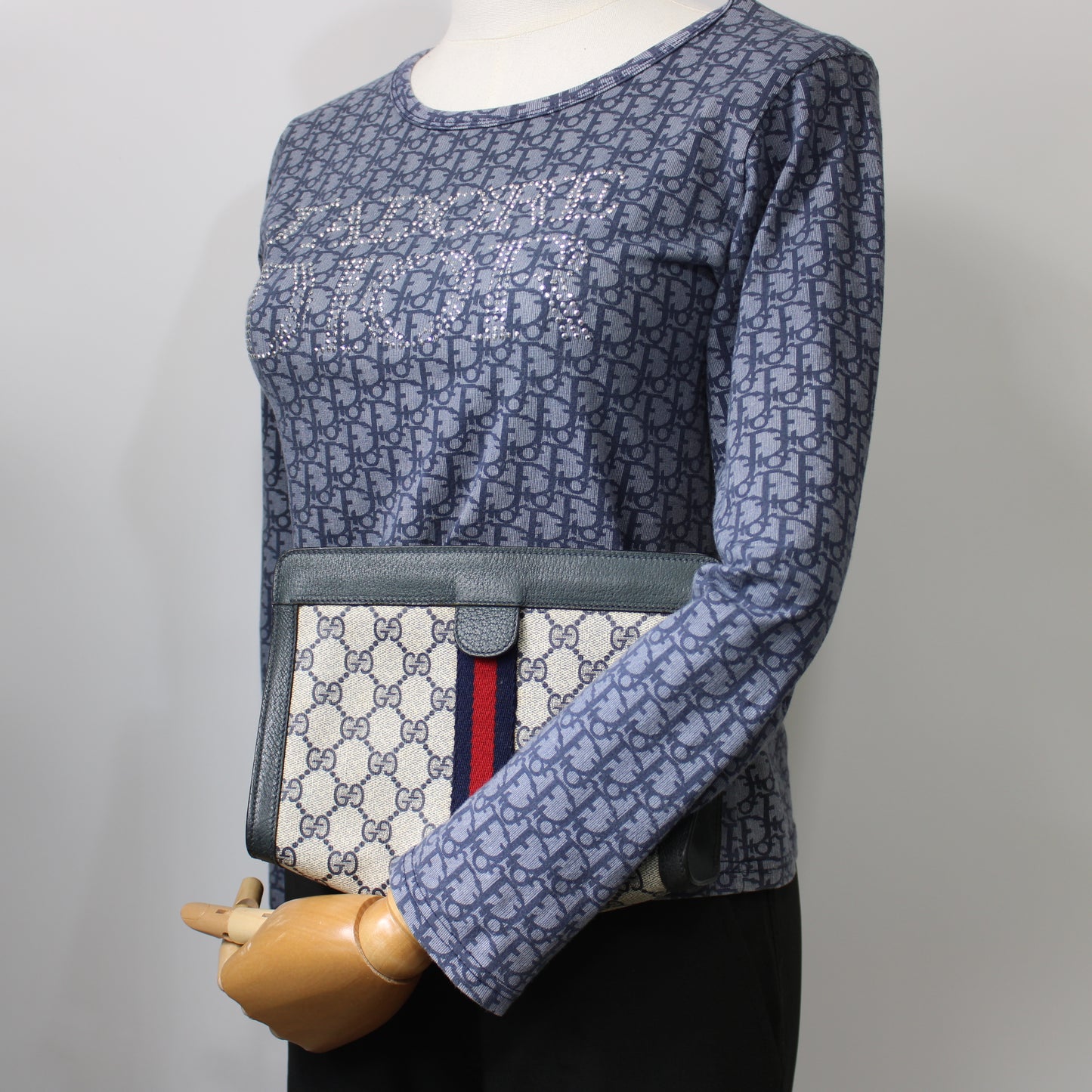 Gucci Navy Leather Monogram Sherry Line Clutch