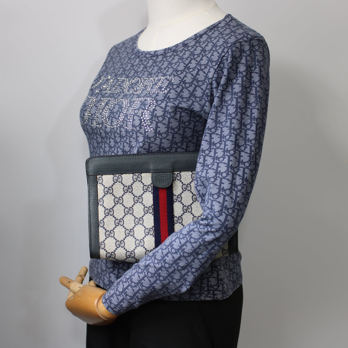 Gucci Navy Leather Monogram Sherry Line Clutch