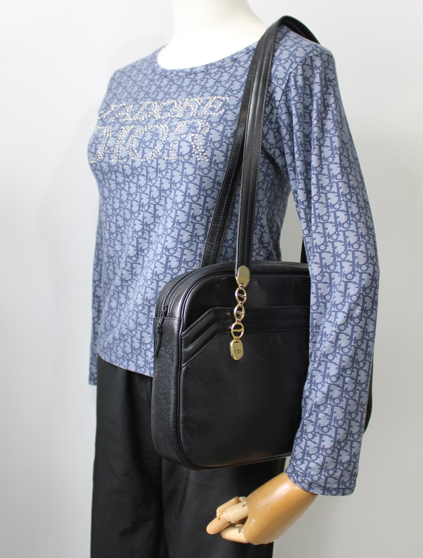 Christian Dior Black Leather Logo Chain Tote