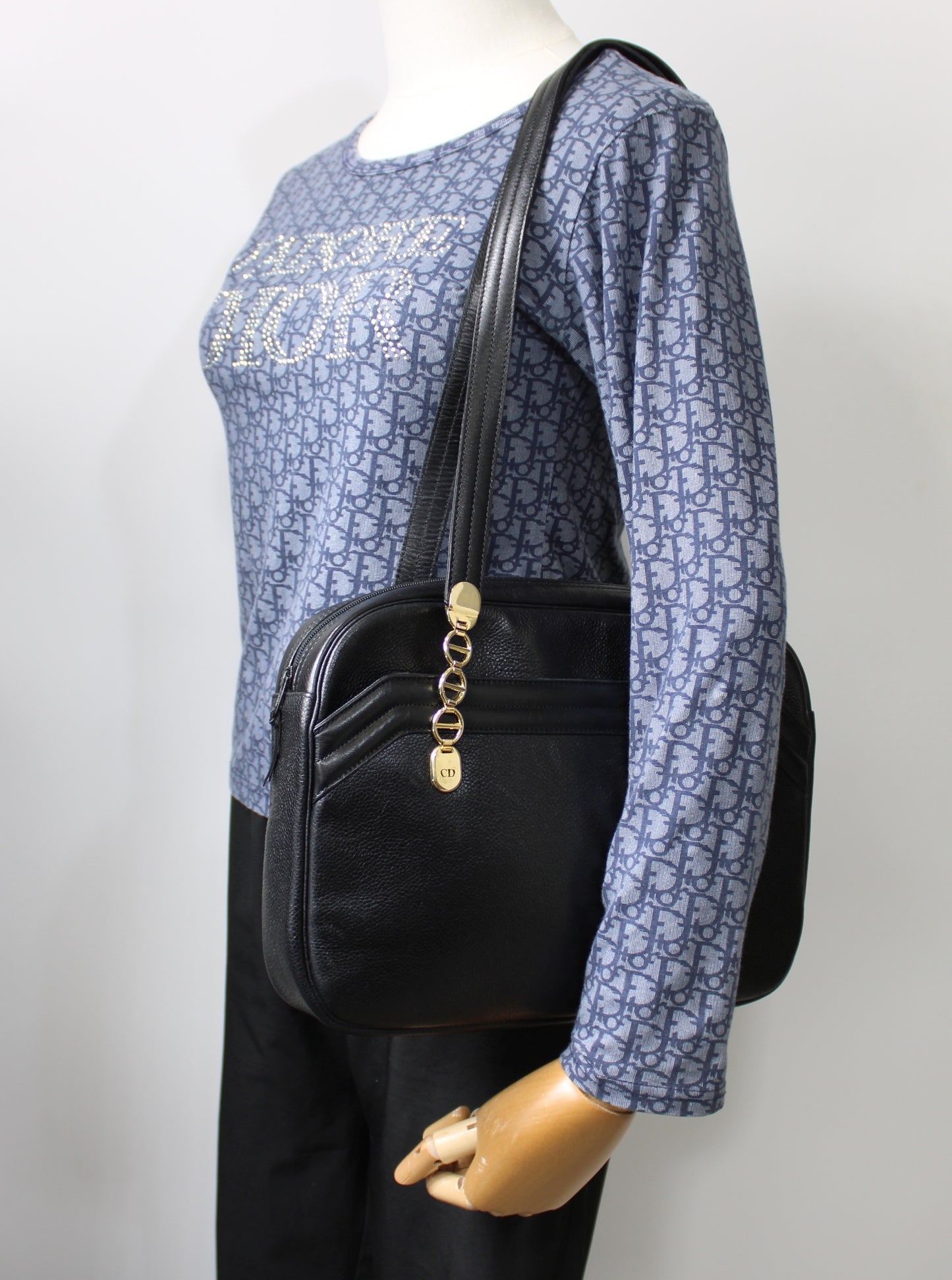 Christian Dior Black Leather Logo Chain Tote