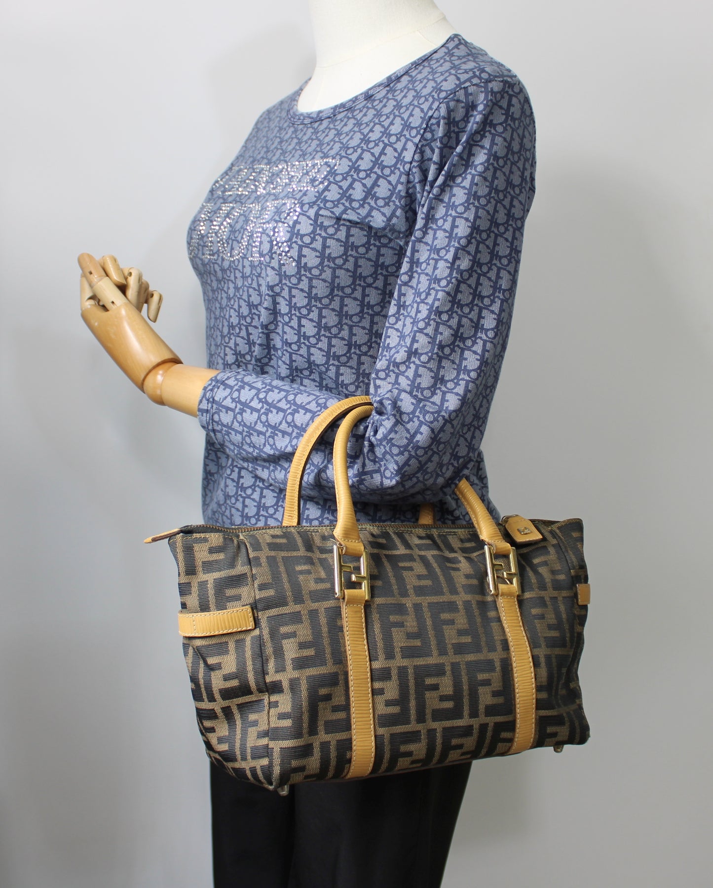 Fendi Zucca Brown Canvas Leather Boston Crossbody Bag