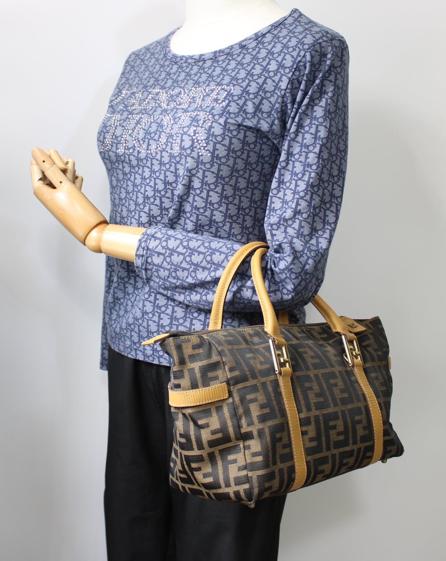 Fendi Zucca Brown Canvas Leather Boston Crossbody Bag