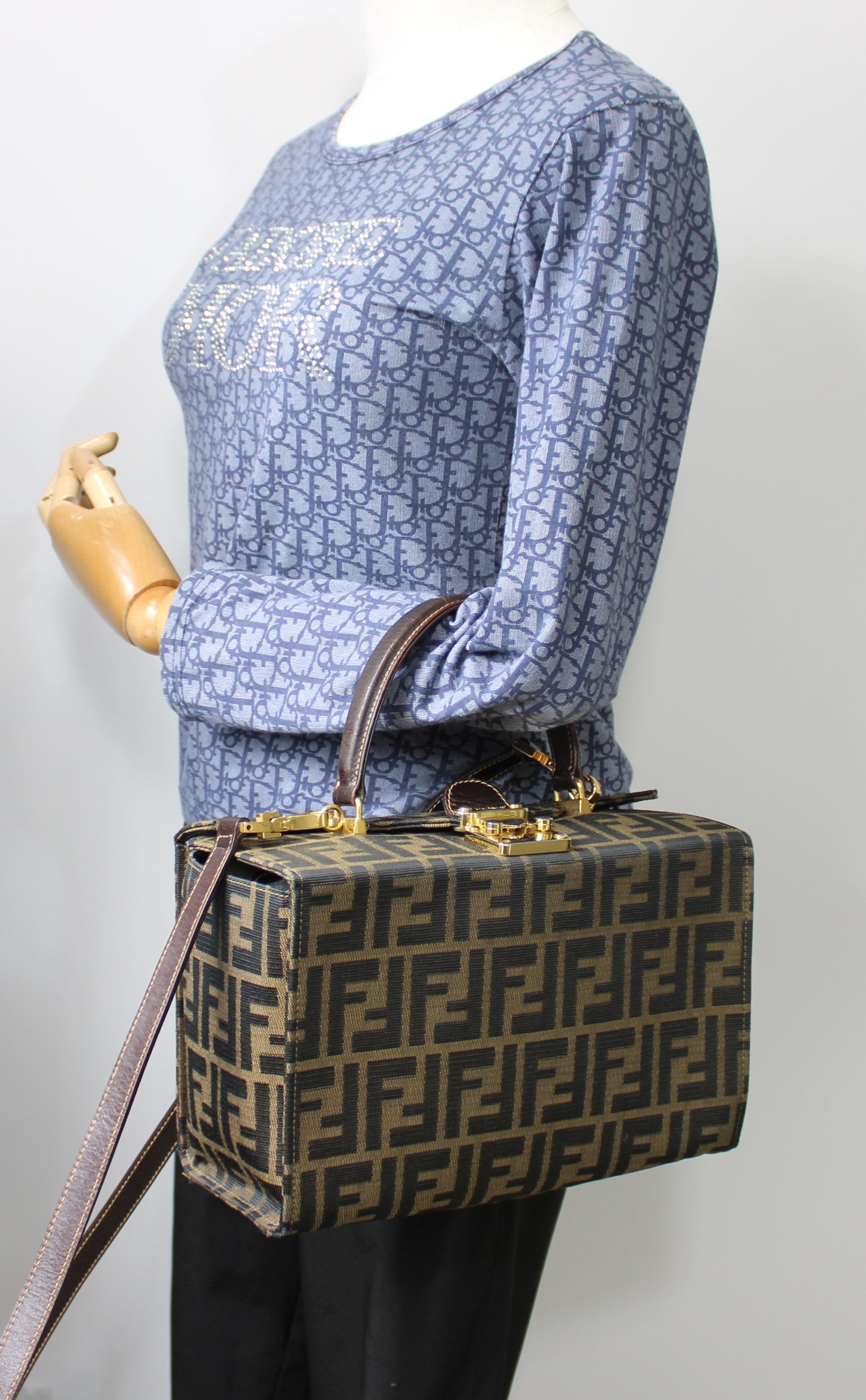 Fendi Brown Zucca Canvas Leather Vanity Crossbody Bag