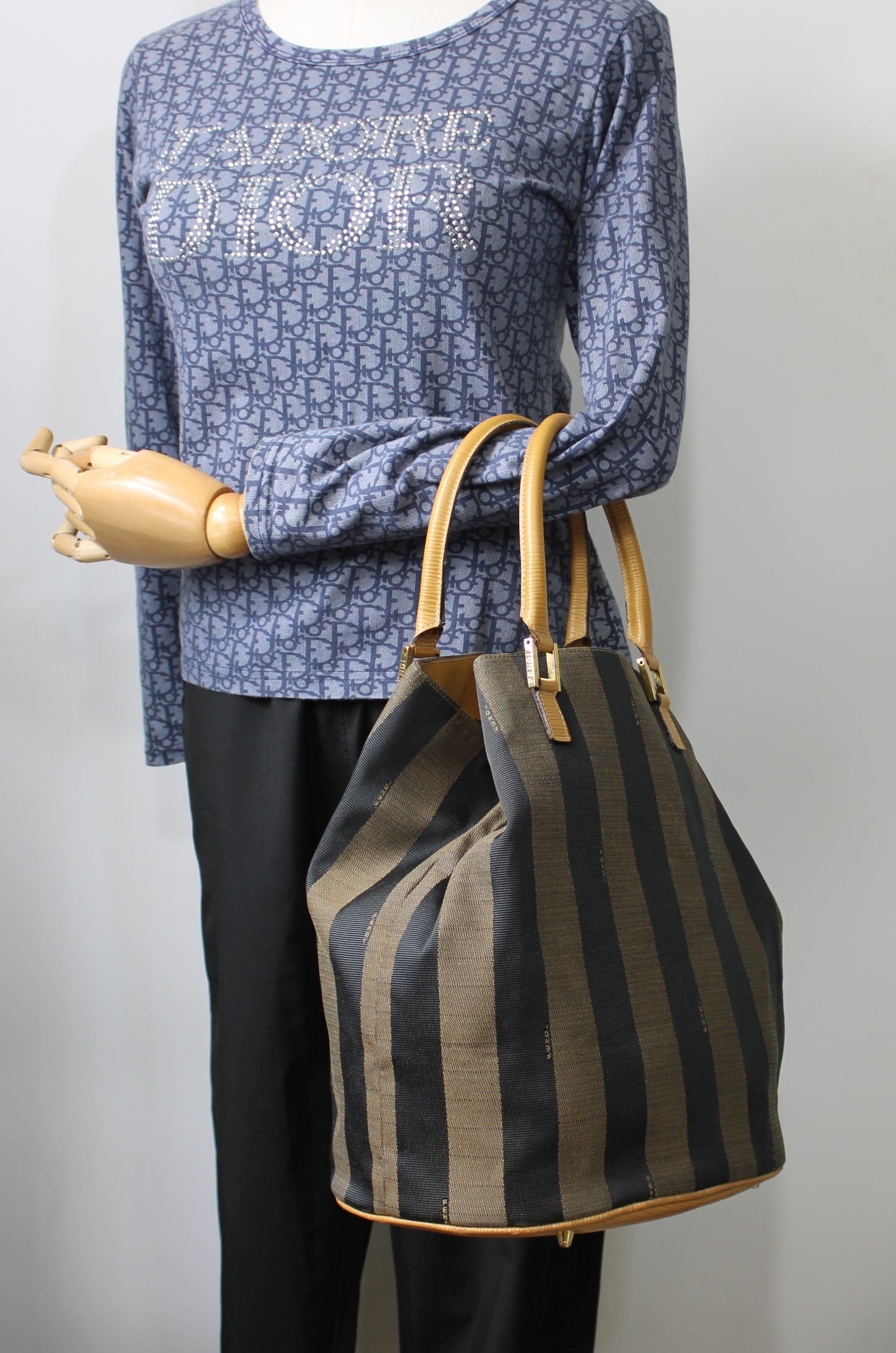 Fendi 2011 Pequin Striped Pattern Bucket Tote Brown #2