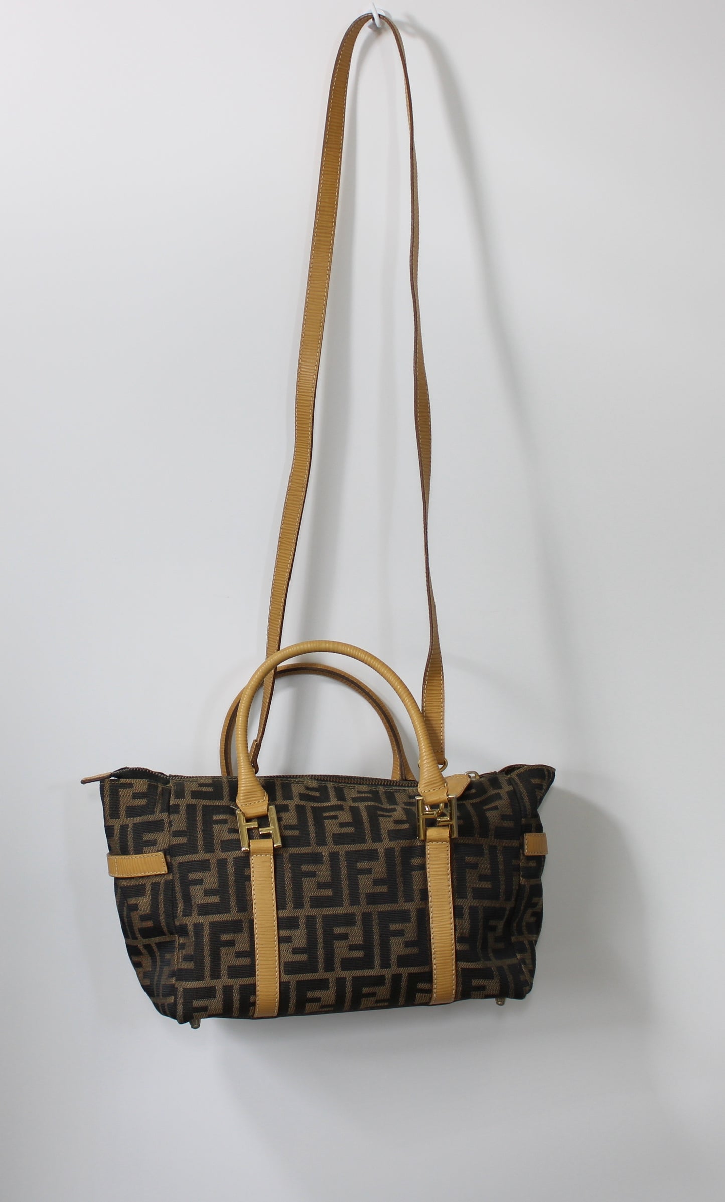 Fendi Zucca Brown Canvas Leather Boston Crossbody Bag