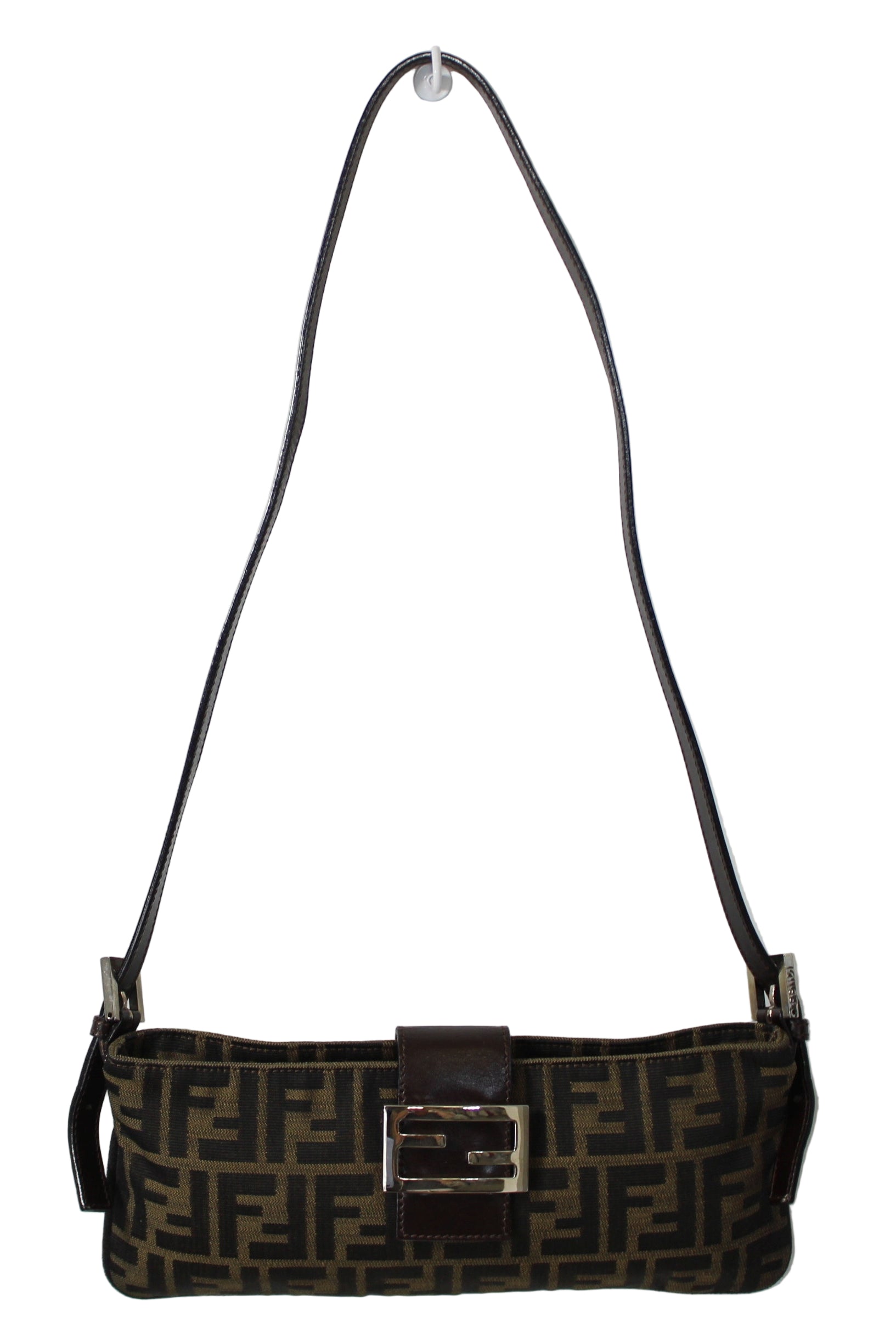 Brown patterned handbag with a black strap on a white background