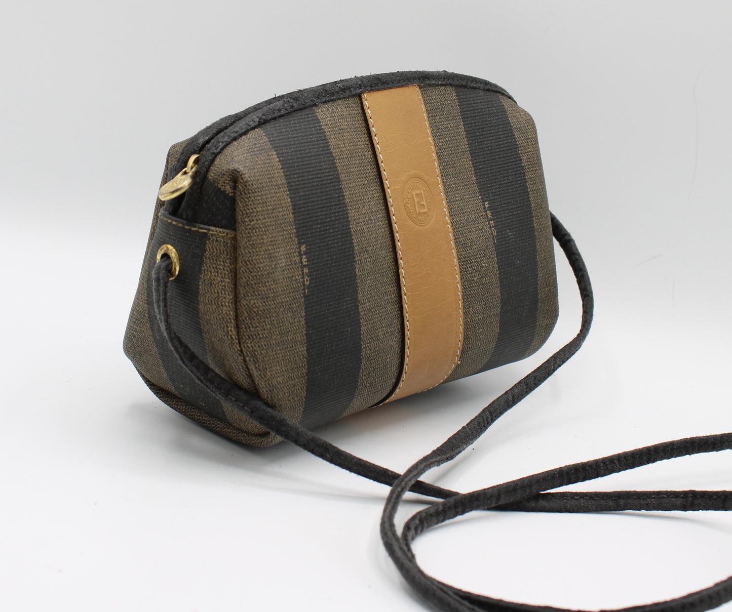Fendi Brown Canvas Pequin Striped Crossbody Bag