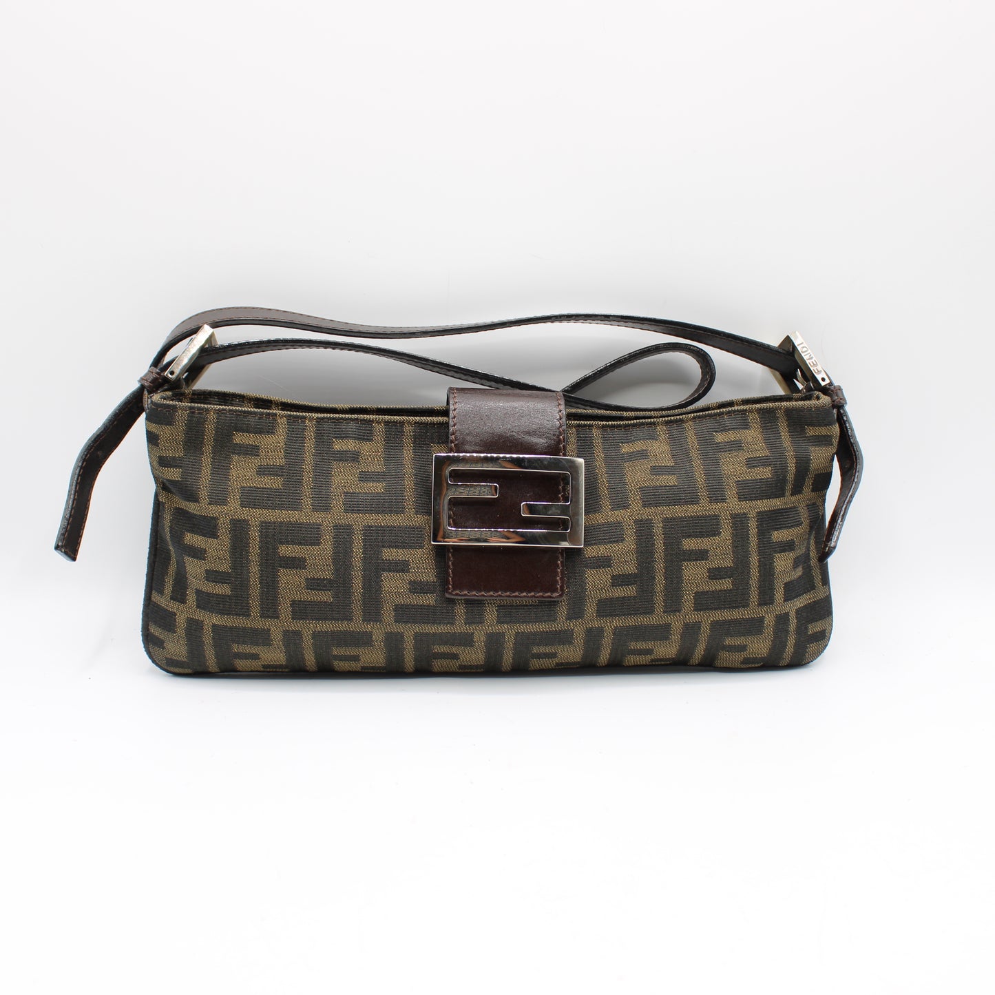 Fendi Brown Zucca Canvas Leather East West Baguette Bag