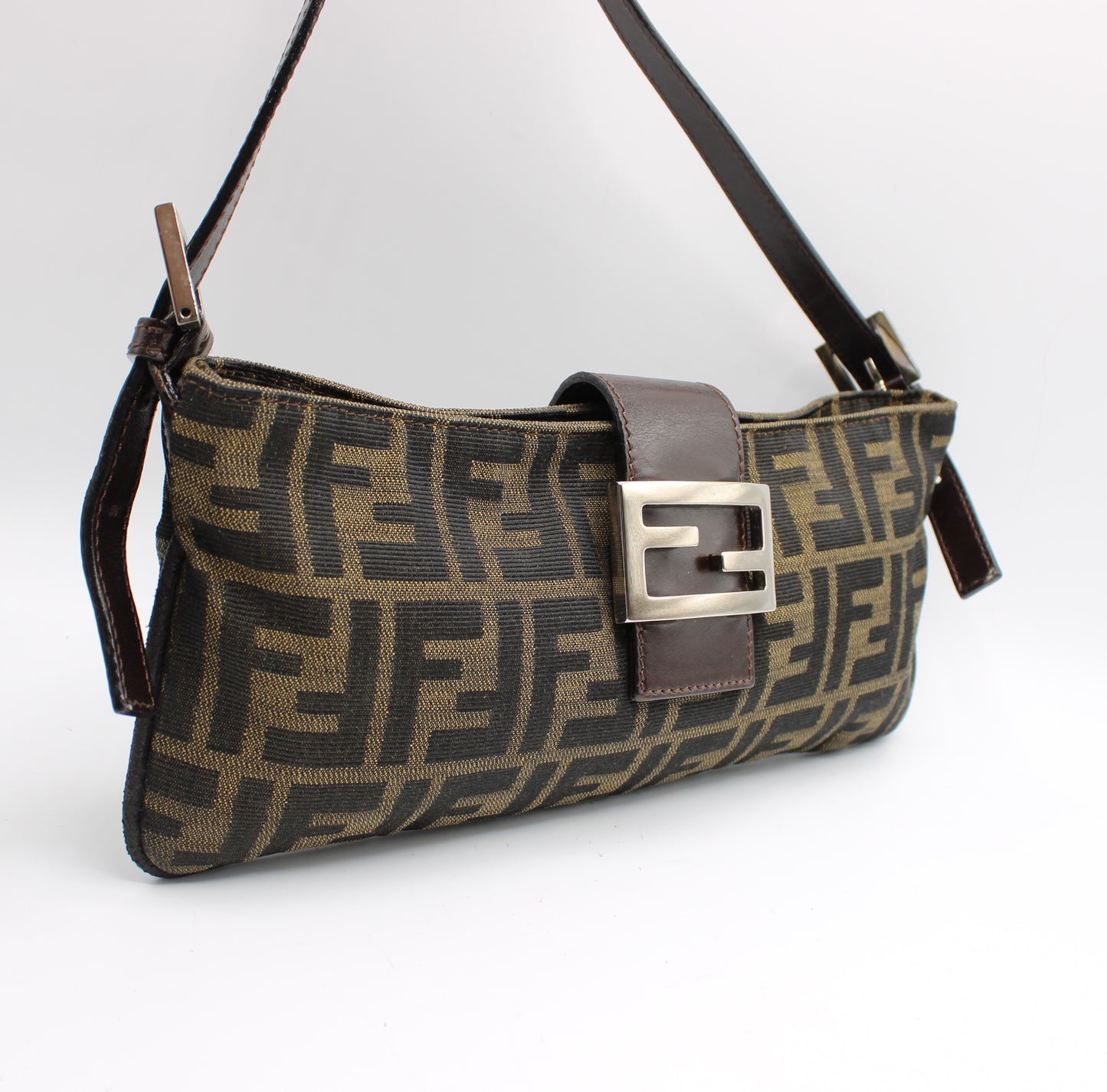 Fendi Brown Zucca Canvas Leather East West Baguette Bag