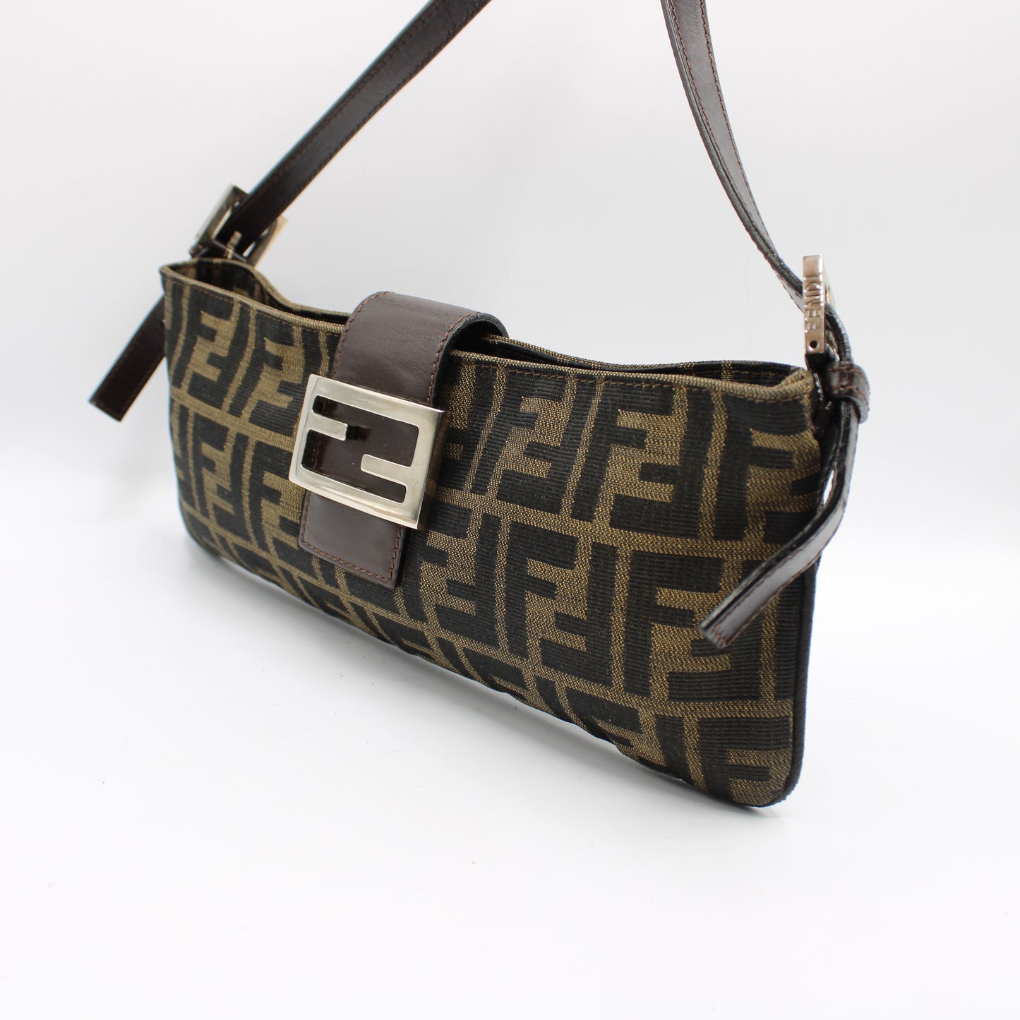 Fendi Brown Zucca Canvas Leather East West Baguette Bag