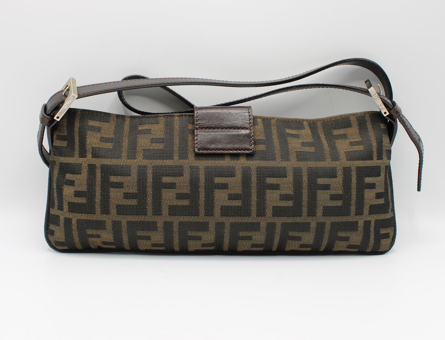 Fendi Brown Zucca Canvas Leather East West Baguette Bag