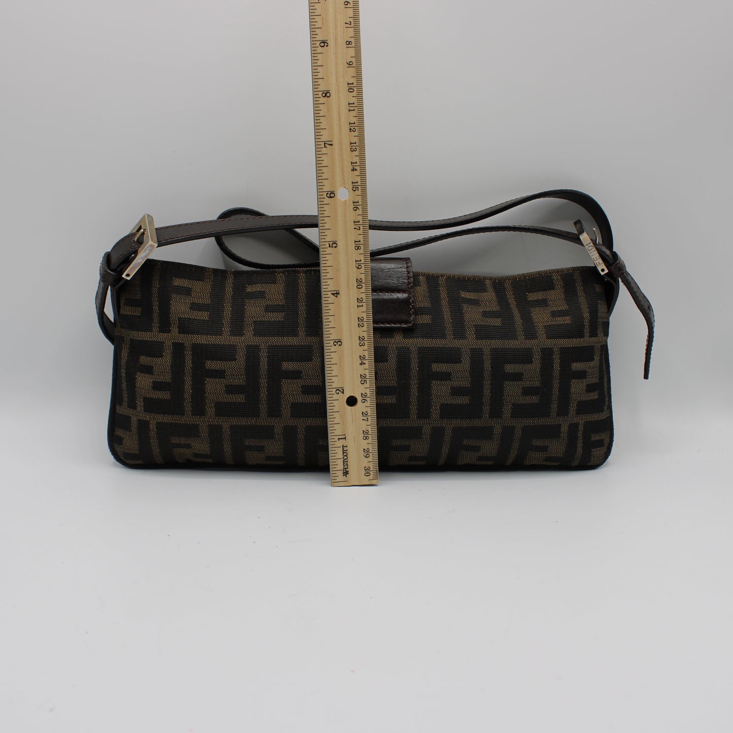Fendi Brown Zucca Canvas Leather East West Baguette Bag