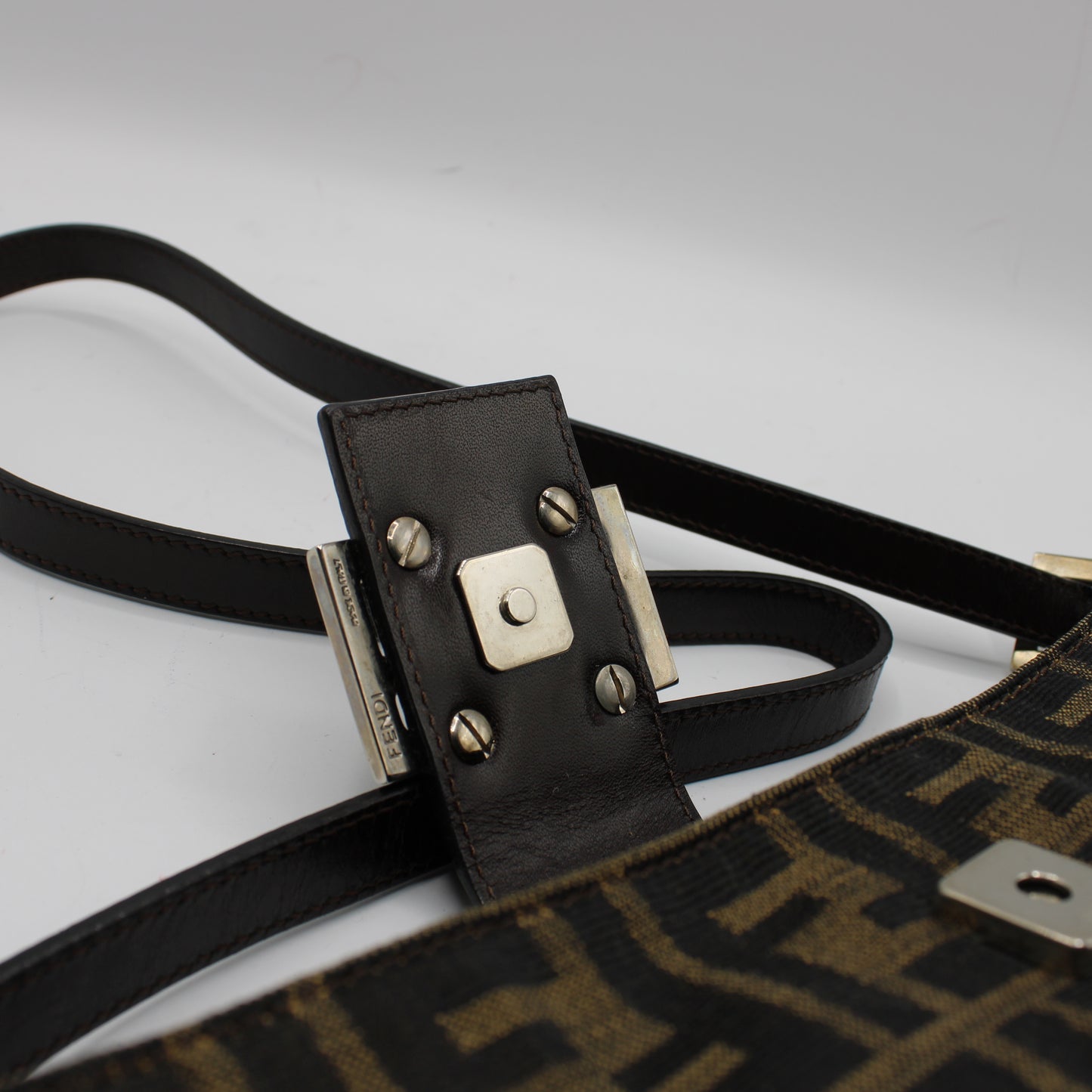 Fendi Brown Zucca Canvas Leather East West Baguette Bag