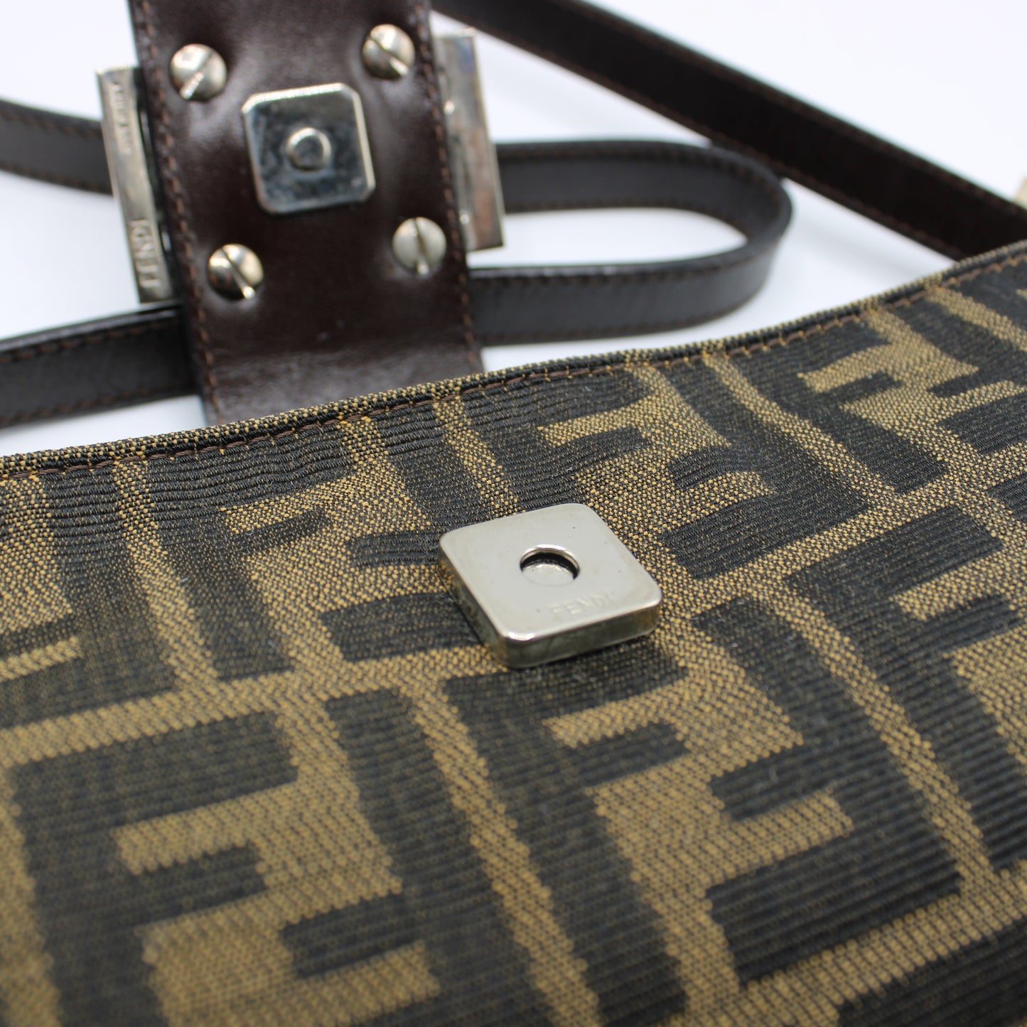 Fendi Brown Zucca Canvas Leather East West Baguette Bag