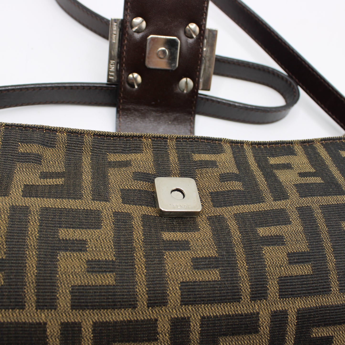 Fendi Brown Zucca Canvas Leather East West Baguette Bag