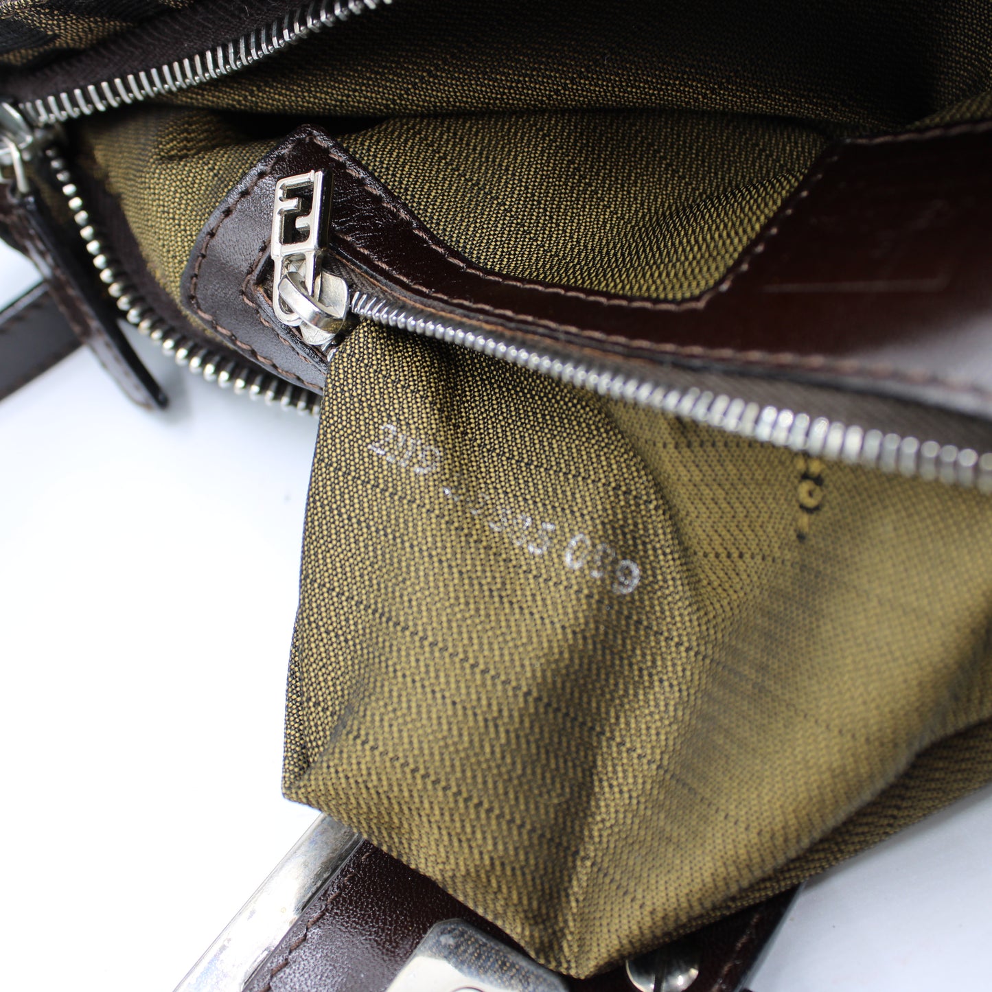 Fendi Brown Zucca Canvas Leather East West Baguette Bag