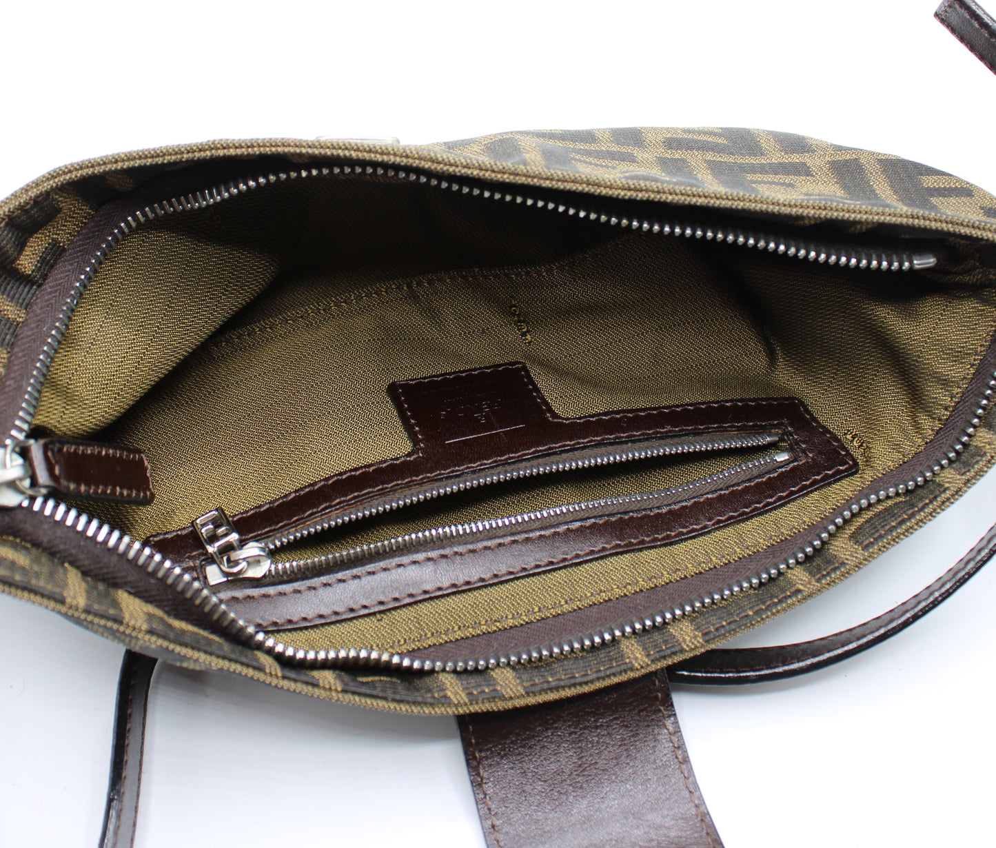 Fendi Brown Zucca Canvas Leather East West Baguette Bag
