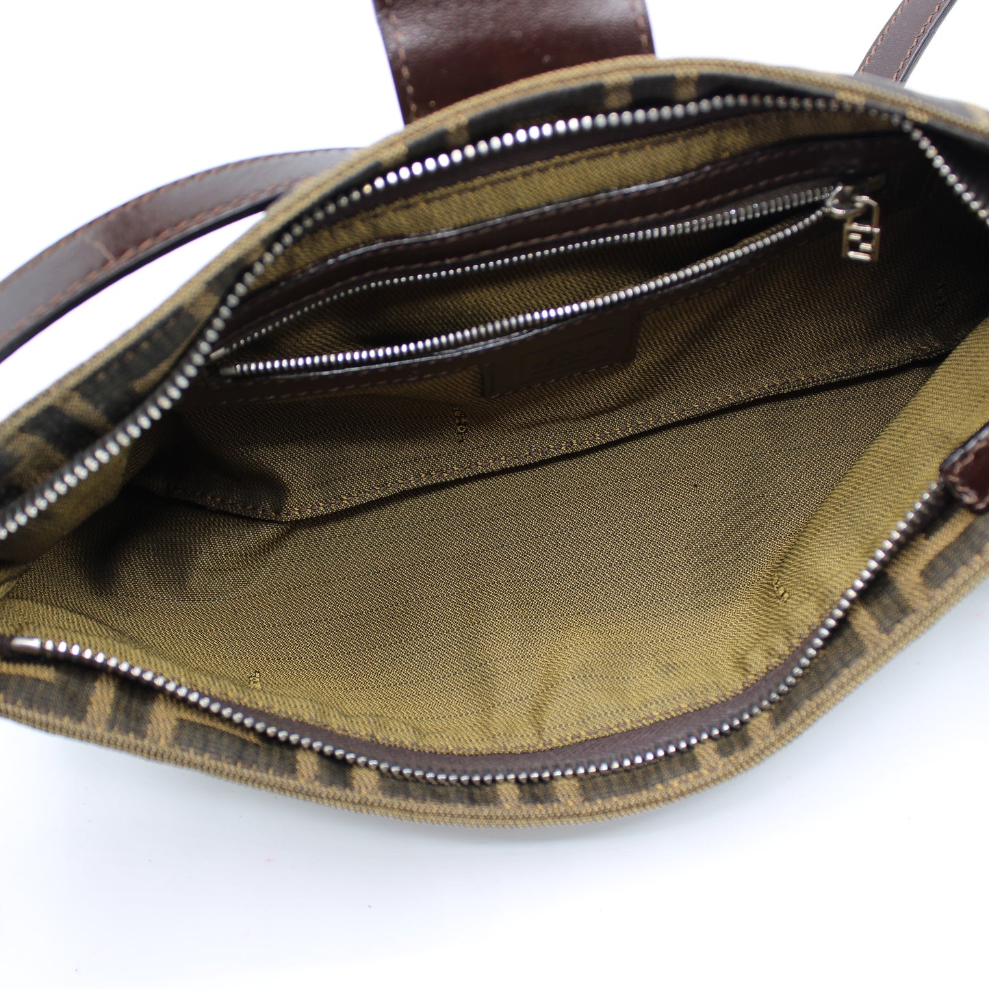 Fendi Brown Zucca Canvas Leather East West Baguette Bag