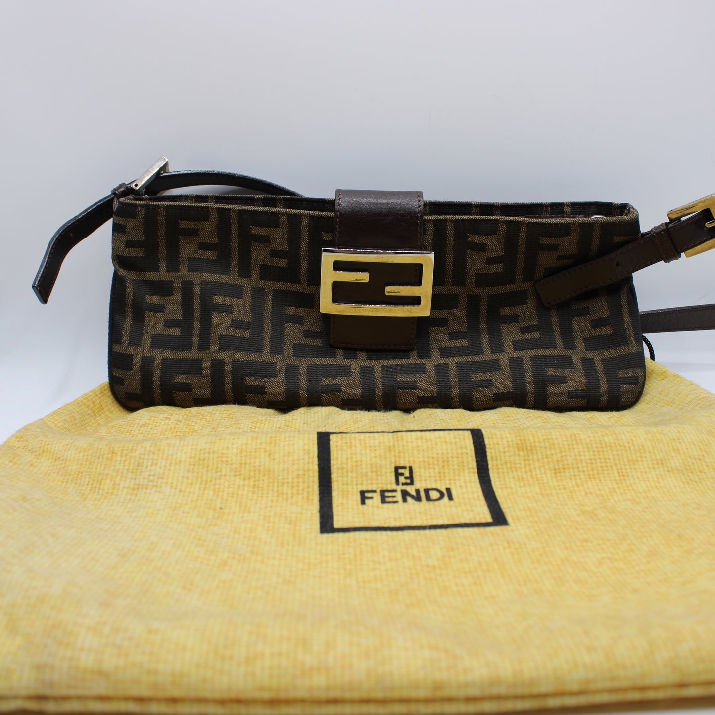 Fendi Brown Zucca Canvas Leather East West Baguette Bag