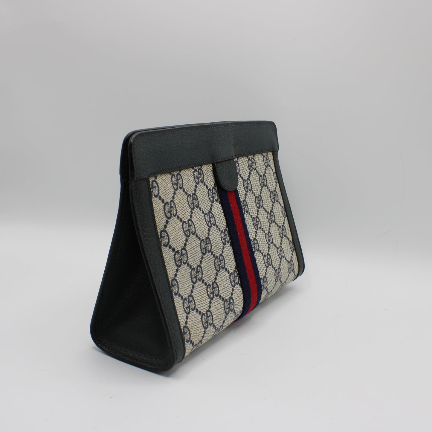 Gucci Navy Leather Monogram Sherry Line Clutch