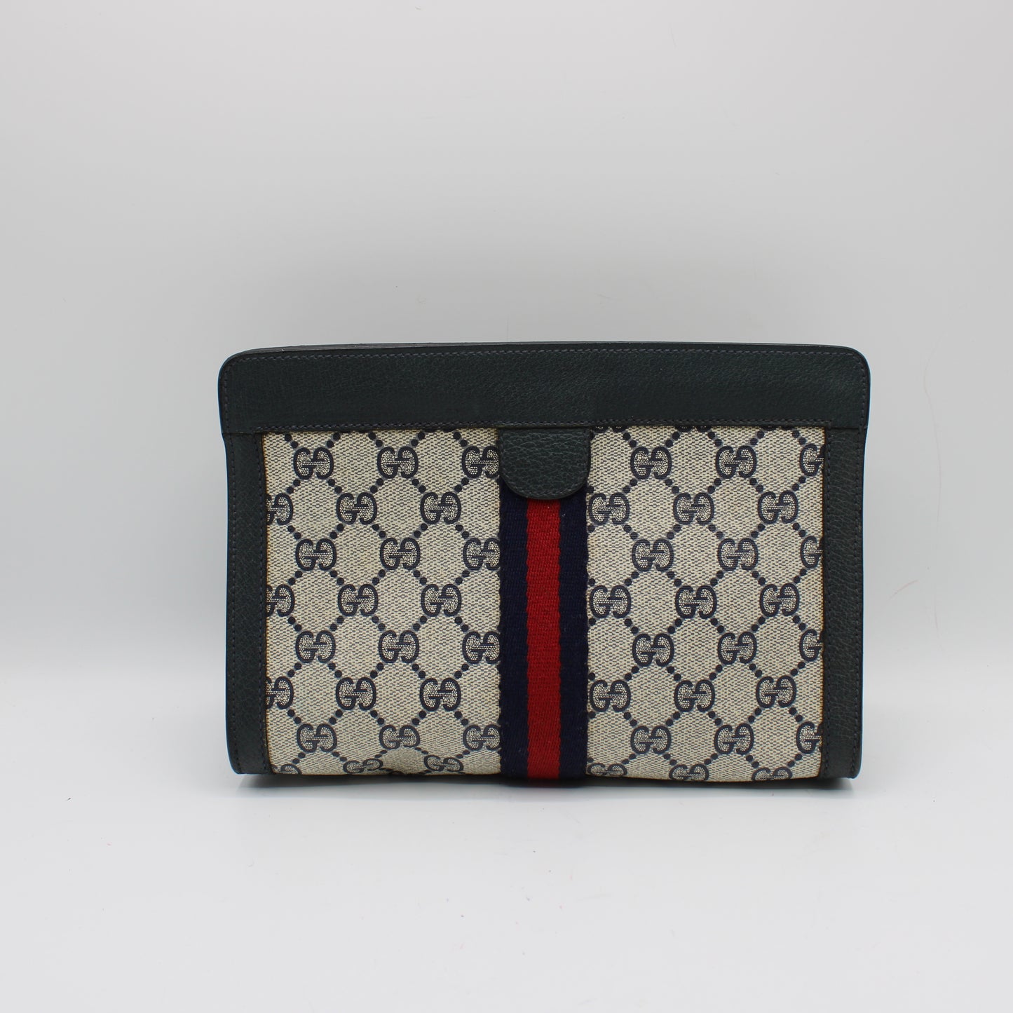 Gucci Navy Leather Monogram Sherry Line Clutch