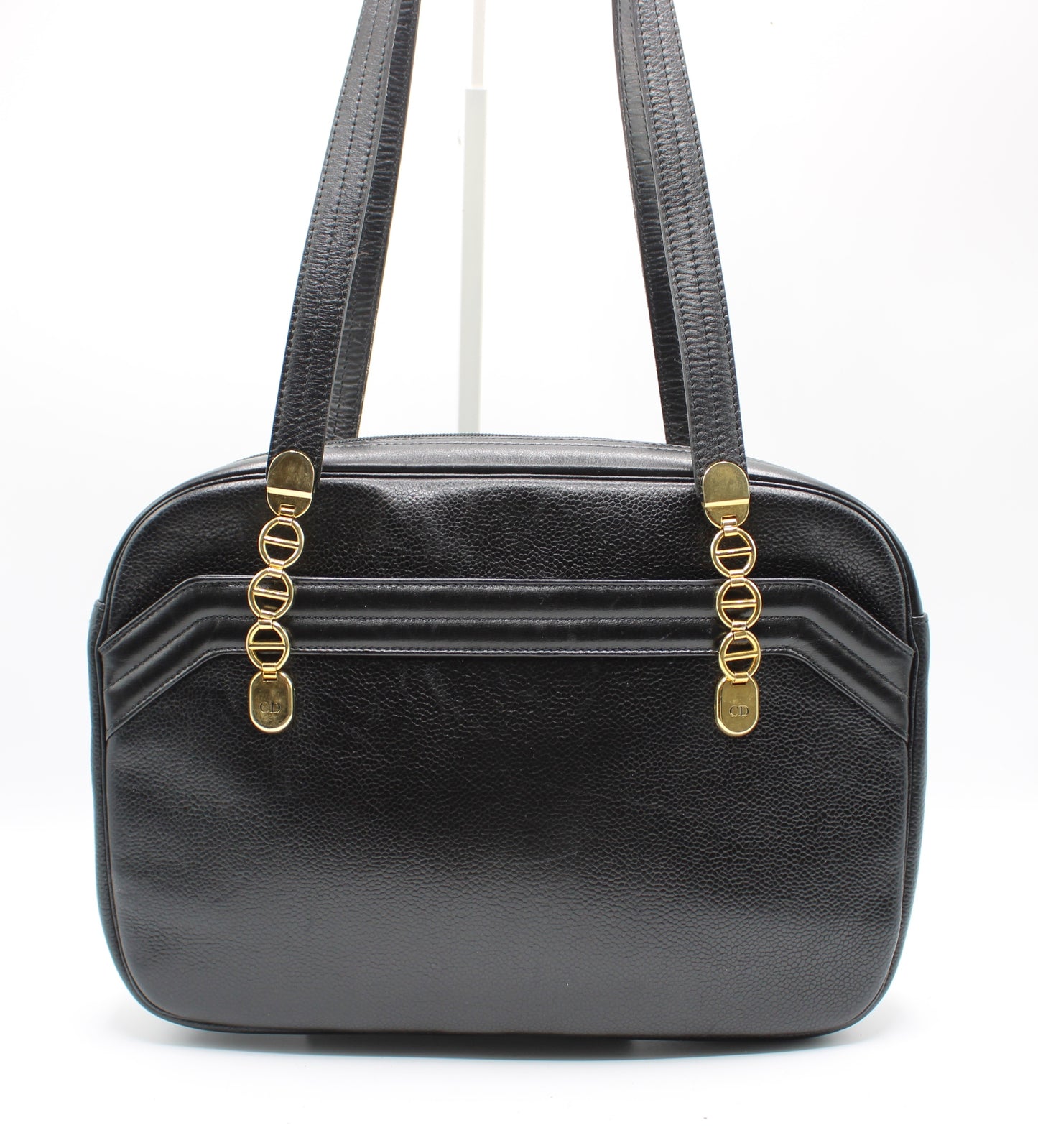 Christian Dior Black Leather Logo Chain Tote