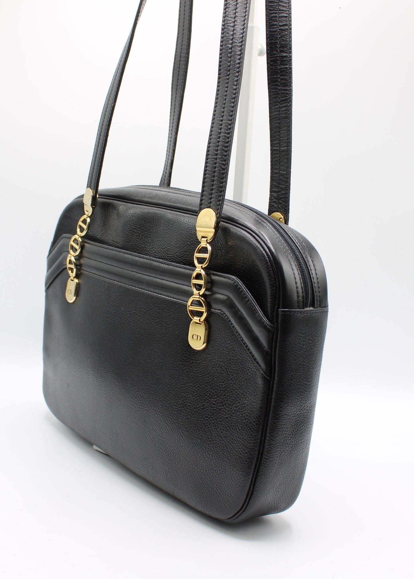 Christian Dior Black Leather Logo Chain Tote