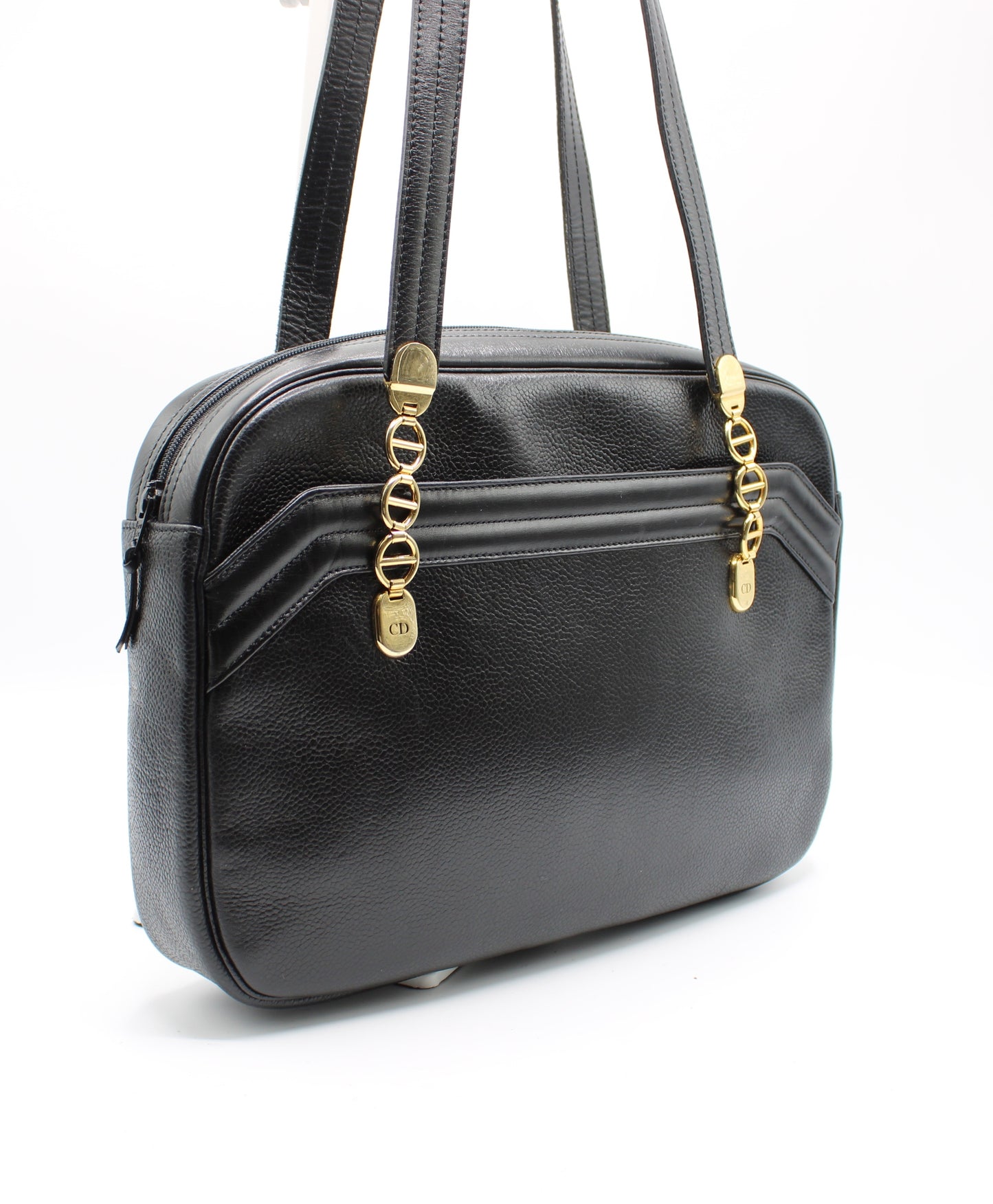 Christian Dior Black Leather Logo Chain Tote