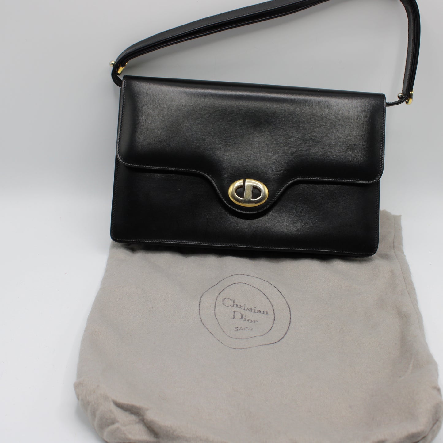 Christian Dior Black Leather Logo Flap Shoulder Bag