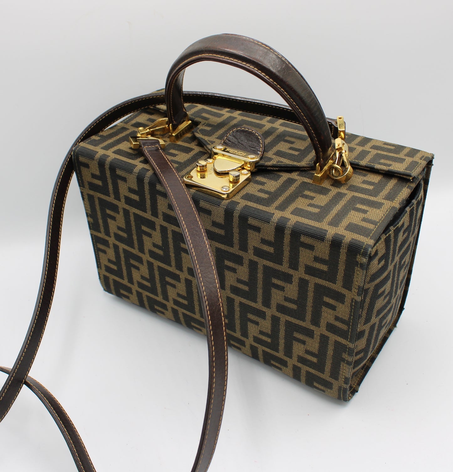 Fendi Brown Zucca Canvas Leather Vanity Crossbody Bag