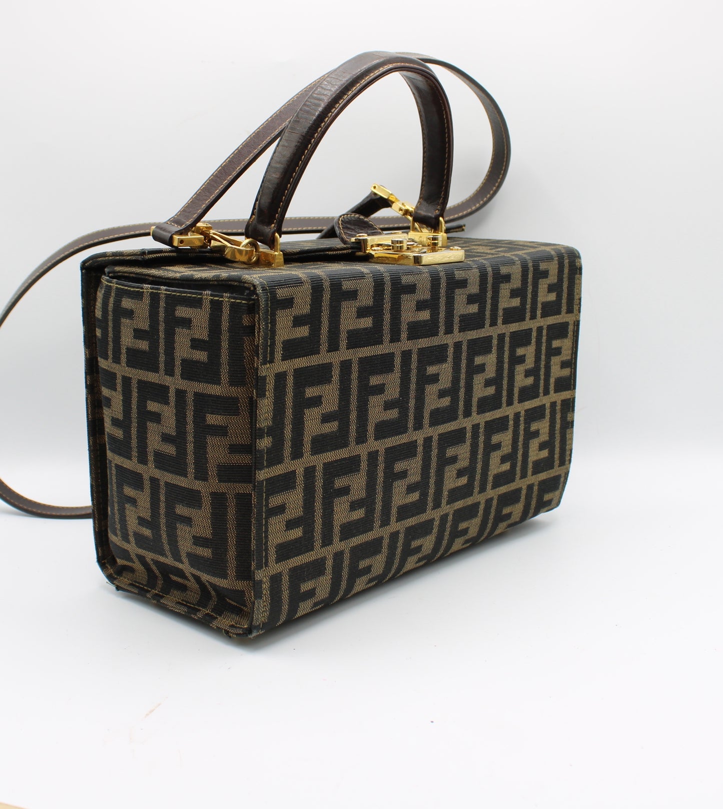 Fendi Brown Zucca Canvas Leather Vanity Crossbody Bag