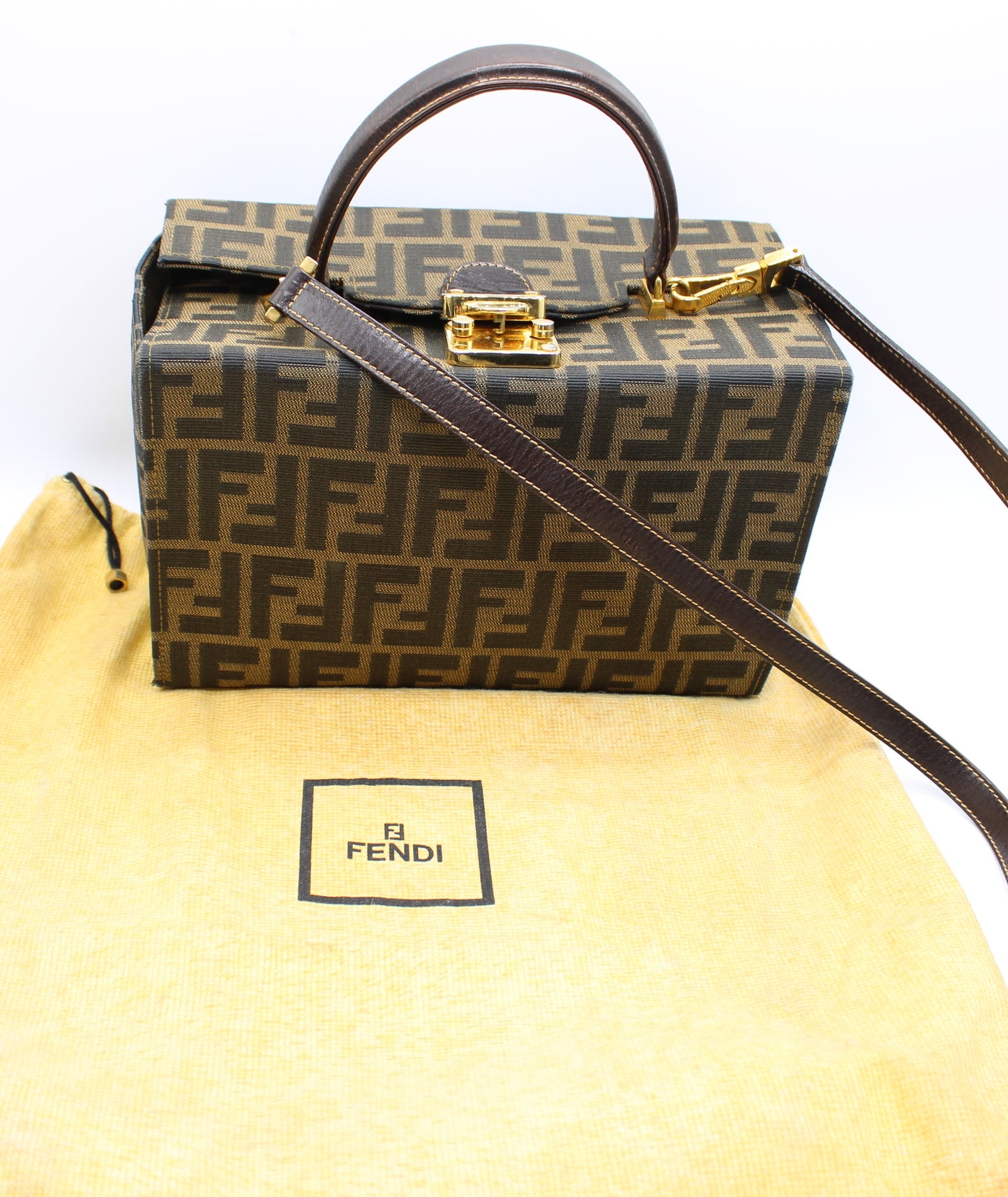 Fendi Brown Zucca Canvas Leather Vanity Crossbody Bag