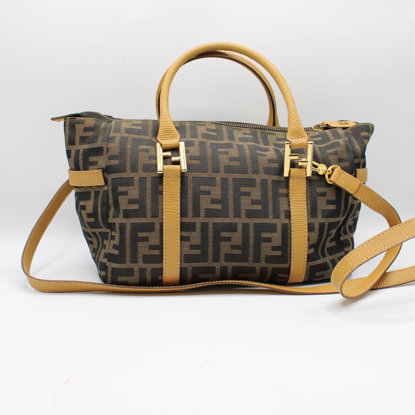 Fendi Zucca Brown Canvas Leather Boston Crossbody Bag