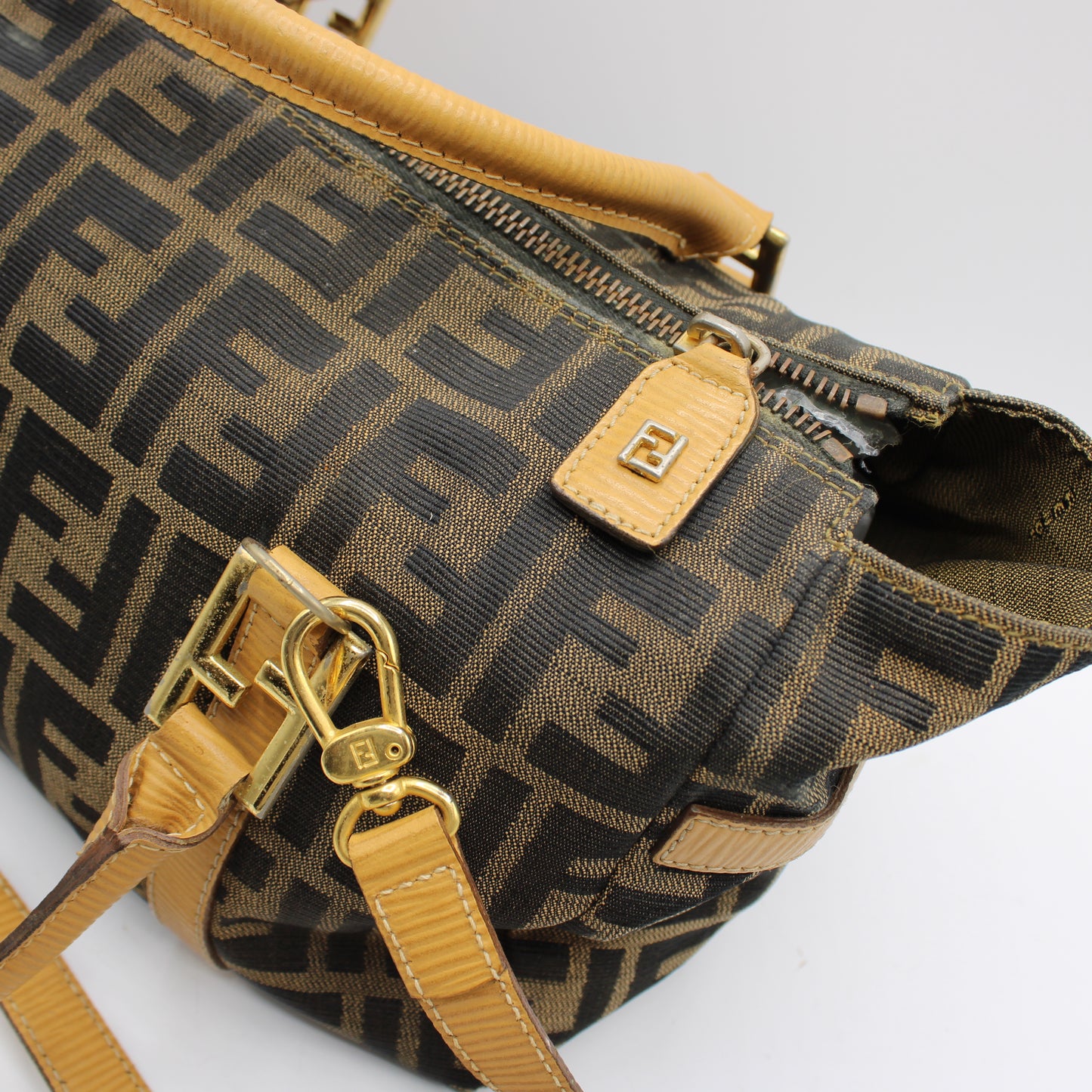 Fendi Zucca Brown Canvas Leather Boston Crossbody Bag