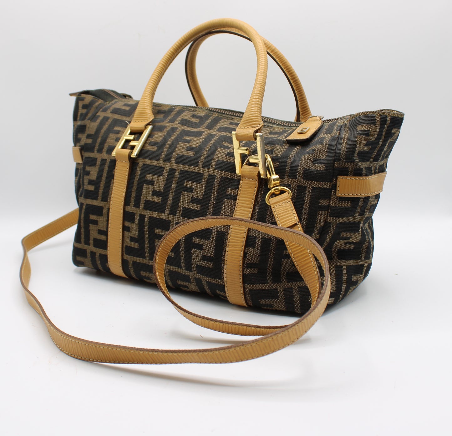 Fendi Zucca Brown Canvas Leather Boston Crossbody Bag