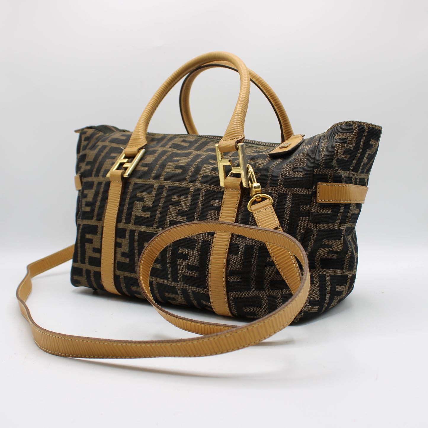 Fendi Zucca Brown Canvas Leather Boston Crossbody Bag