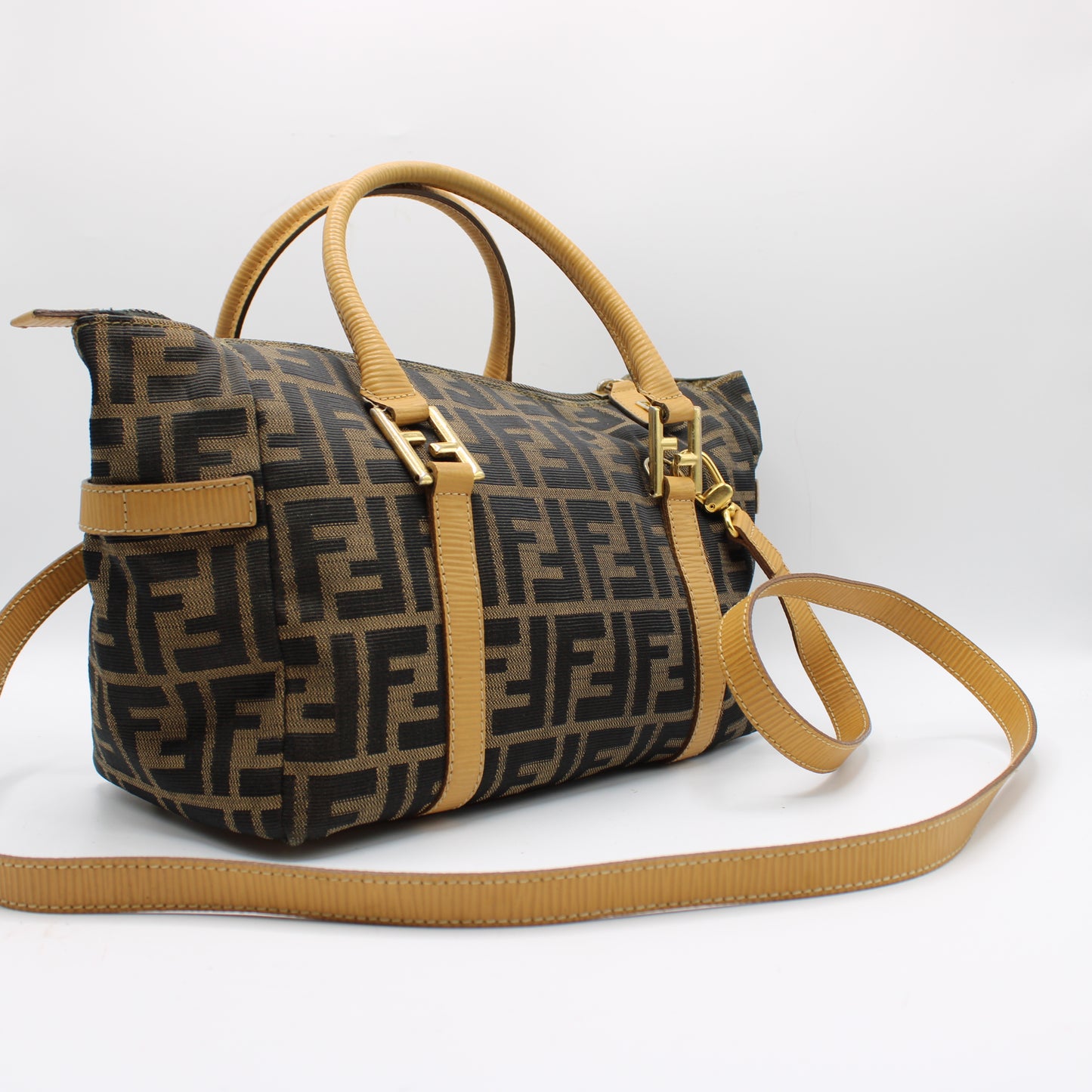 Fendi Zucca Brown Canvas Leather Boston Crossbody Bag