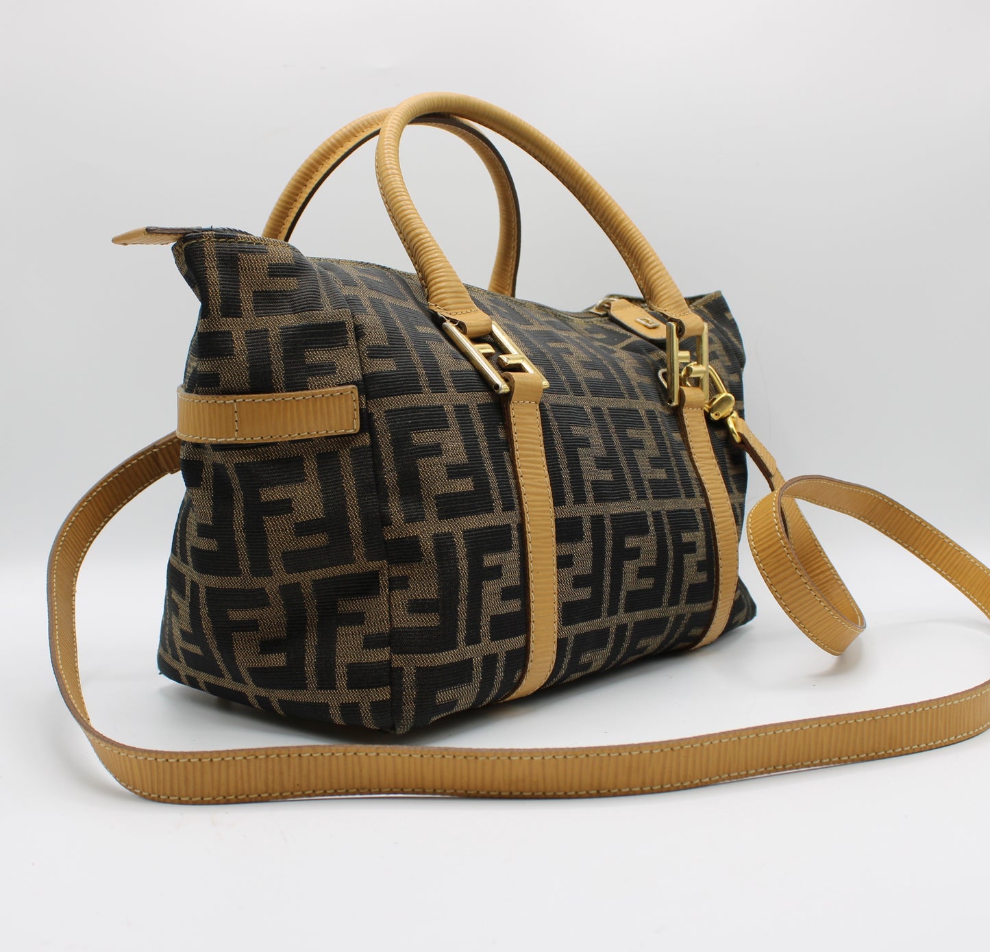 Fendi Zucca Brown Canvas Leather Boston Crossbody Bag