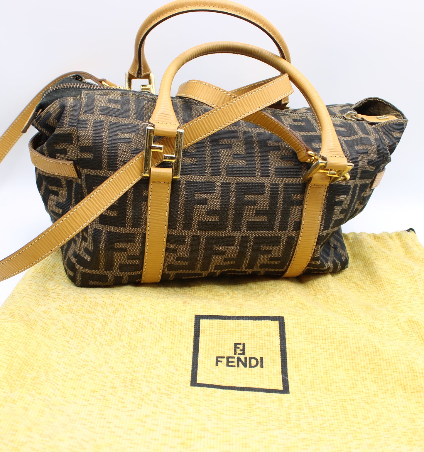 Fendi Zucca Brown Canvas Leather Boston Crossbody Bag