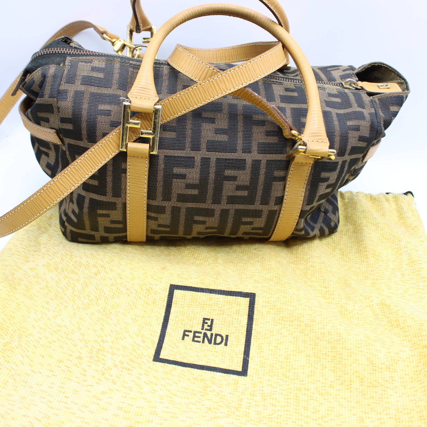 Fendi Zucca Brown Canvas Leather Boston Crossbody Bag