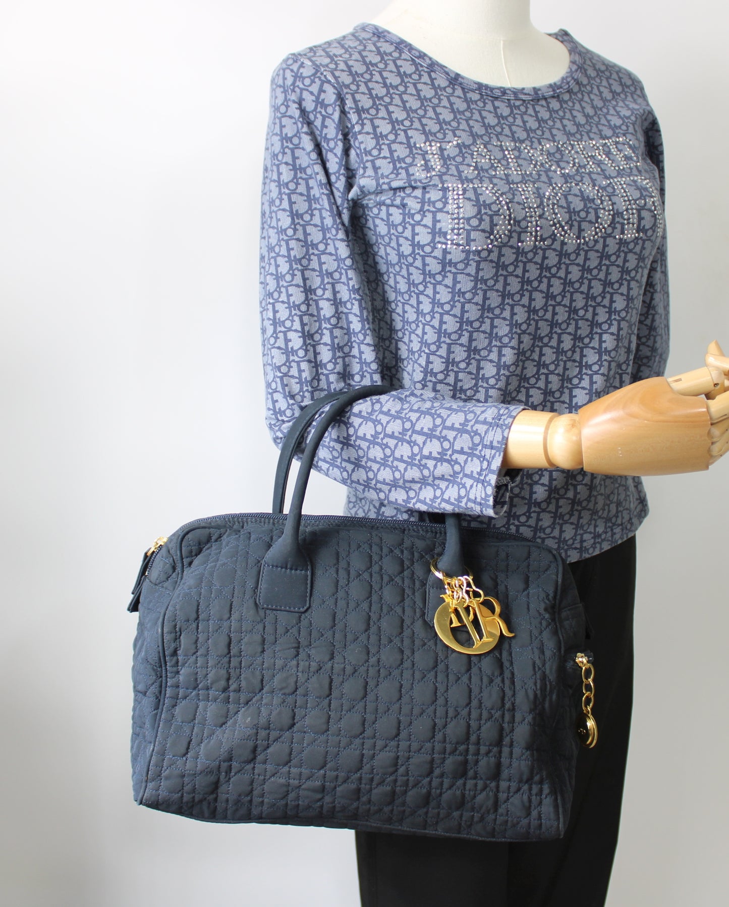 Christian Dior Navy Cannage Cloth Boston Hand Bag