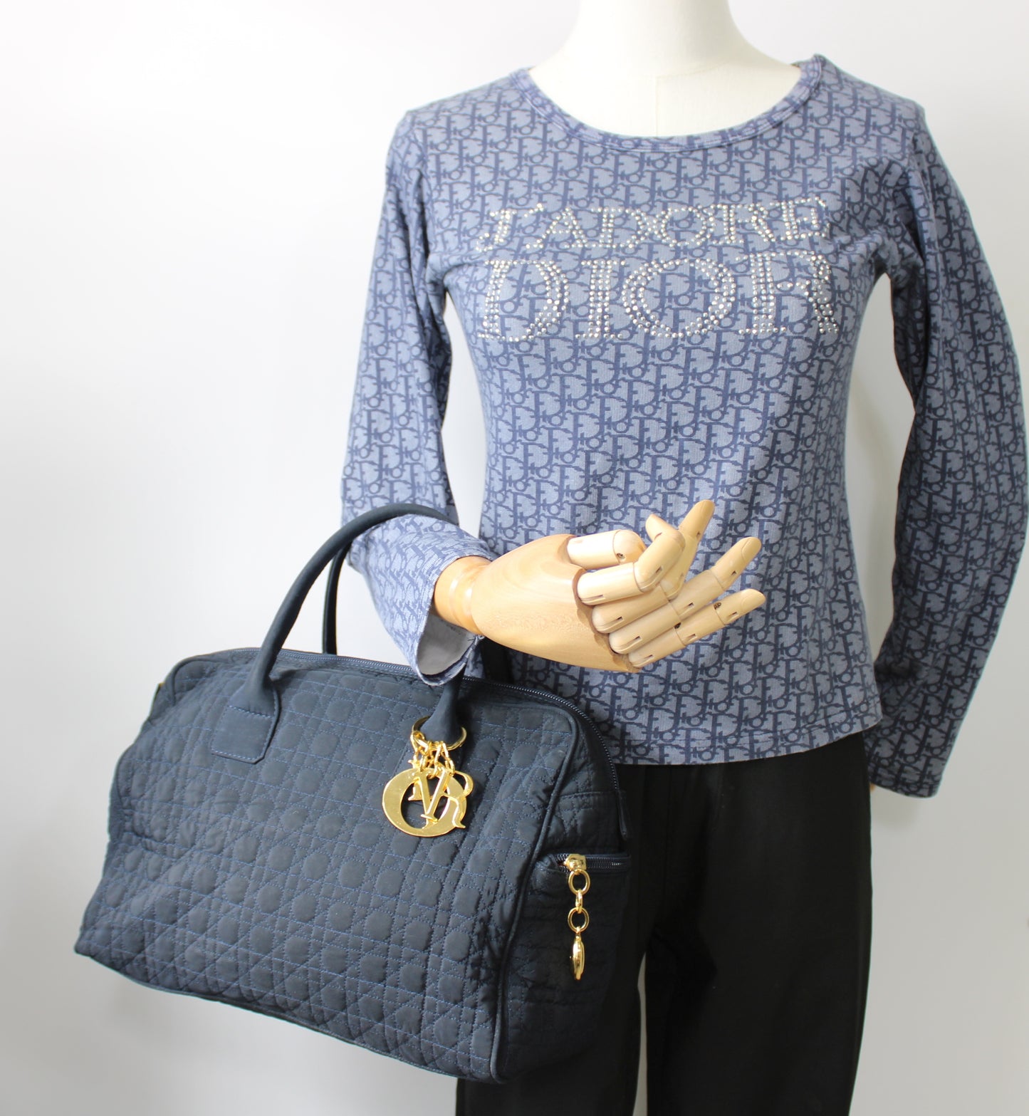 Christian Dior Navy Cannage Cloth Boston Hand Bag