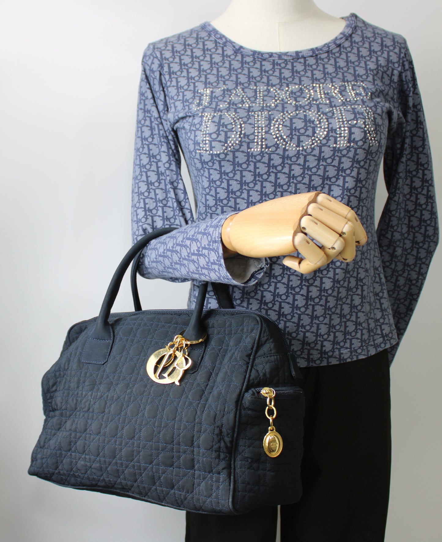 Christian Dior Navy Cannage Cloth Boston Hand Bag