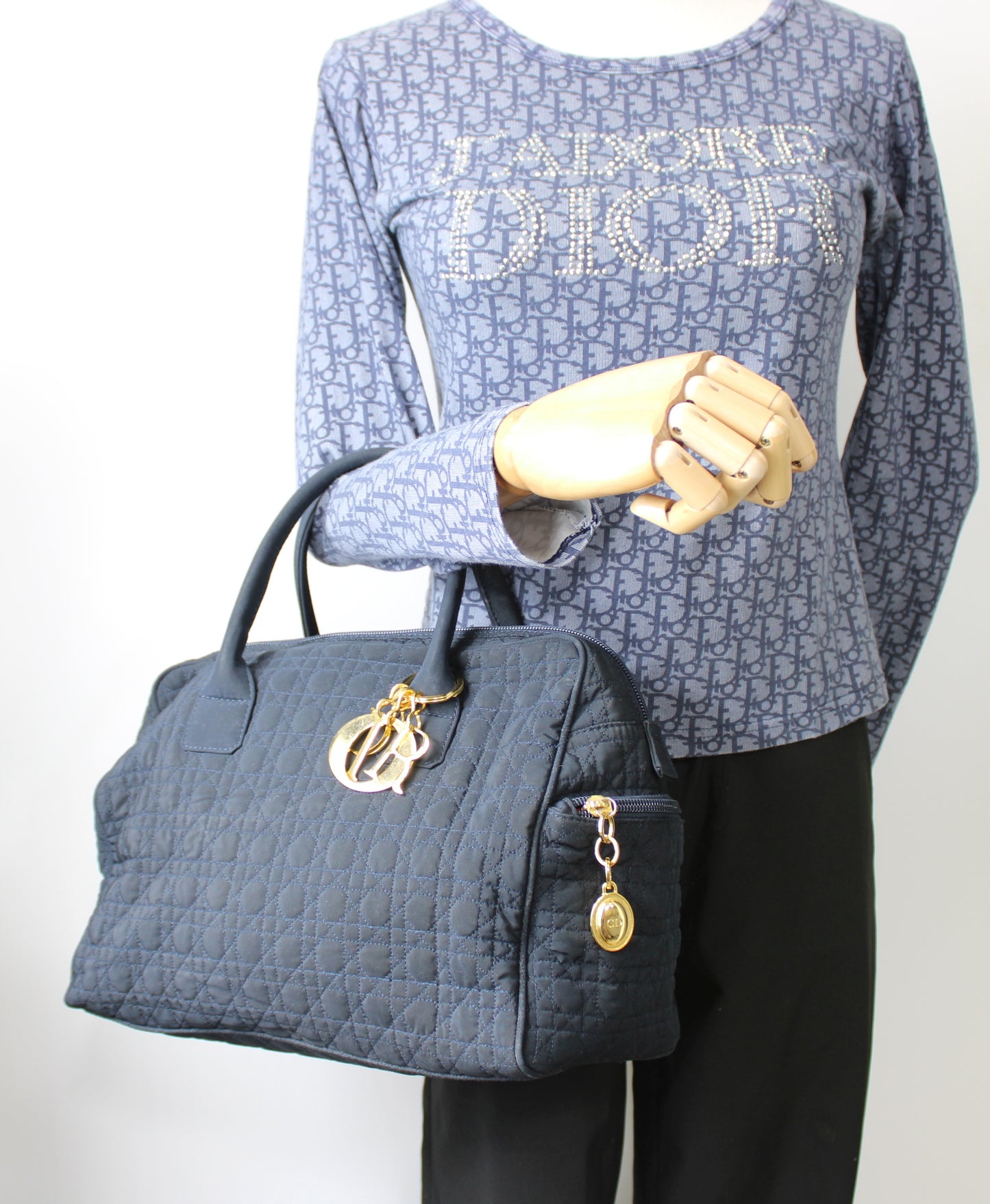 Christian Dior Navy Cannage Cloth Boston Hand Bag