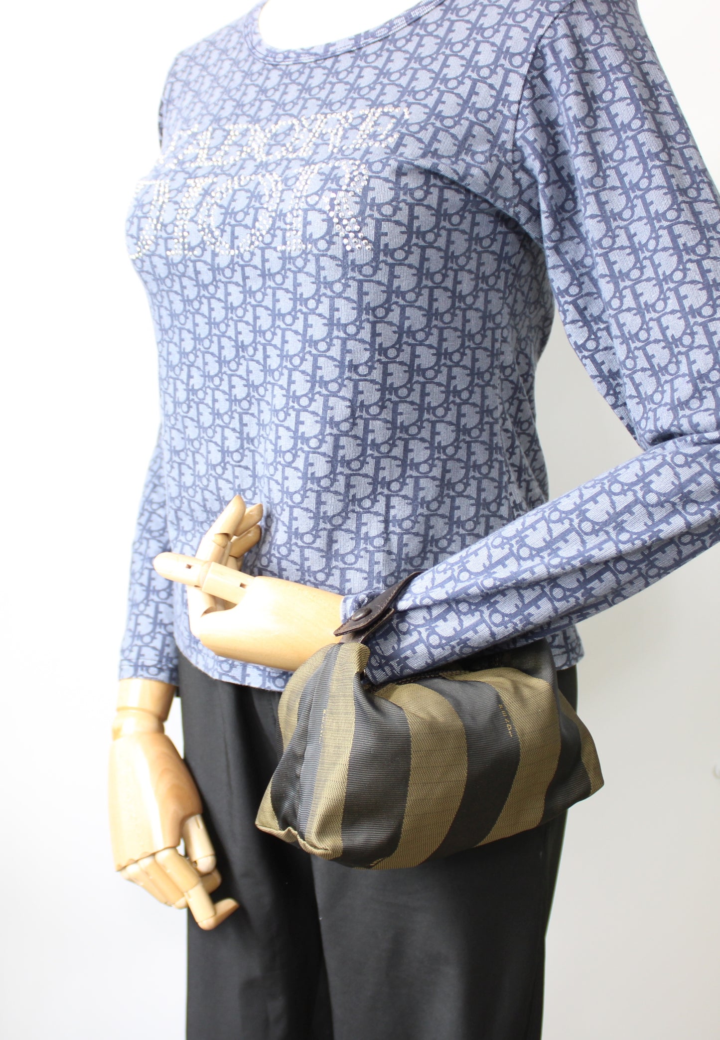 Fendi Brown Canvas Pequin Stripe Leather Handle Pouch