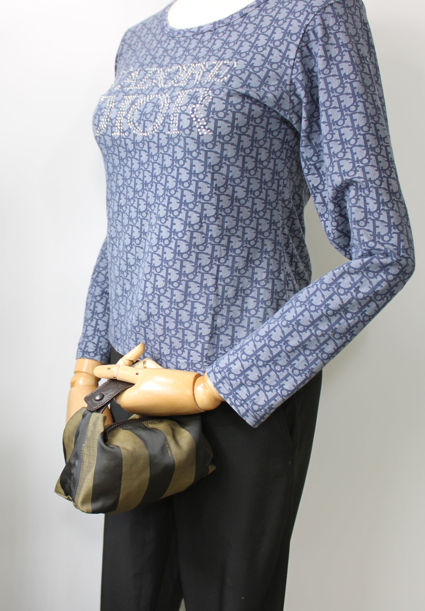 Fendi Brown Canvas Pequin Stripe Leather Handle Pouch