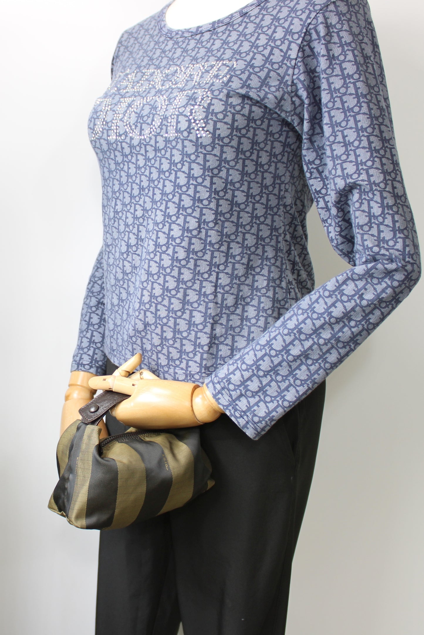 Fendi Brown Canvas Pequin Stripe Leather Handle Pouch