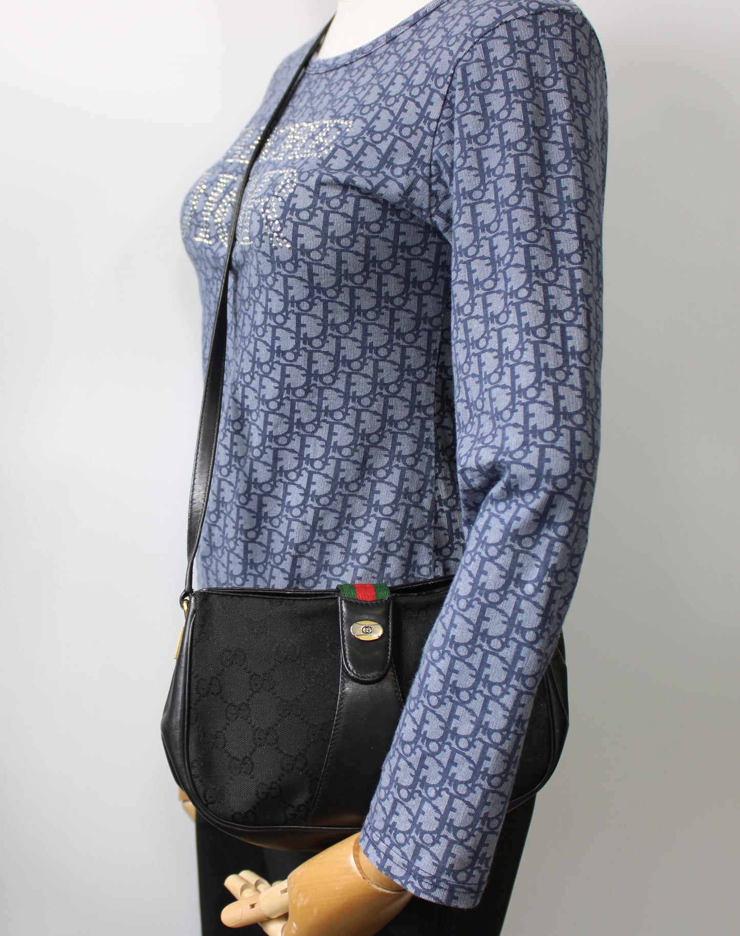 Gucci Black GG Canvas Leather Trim Crossbody Bag