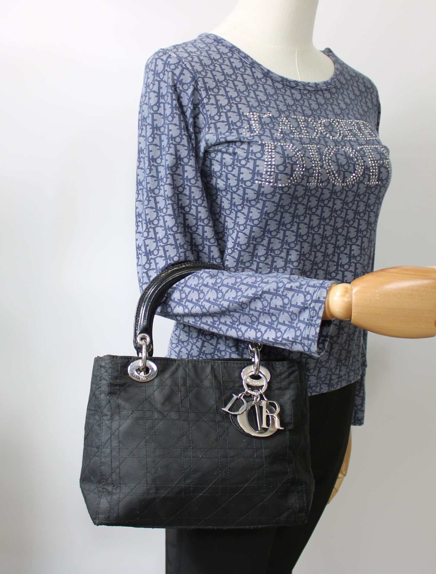 Christian Dior Black Canvas Cannage Lady Dior Handbag