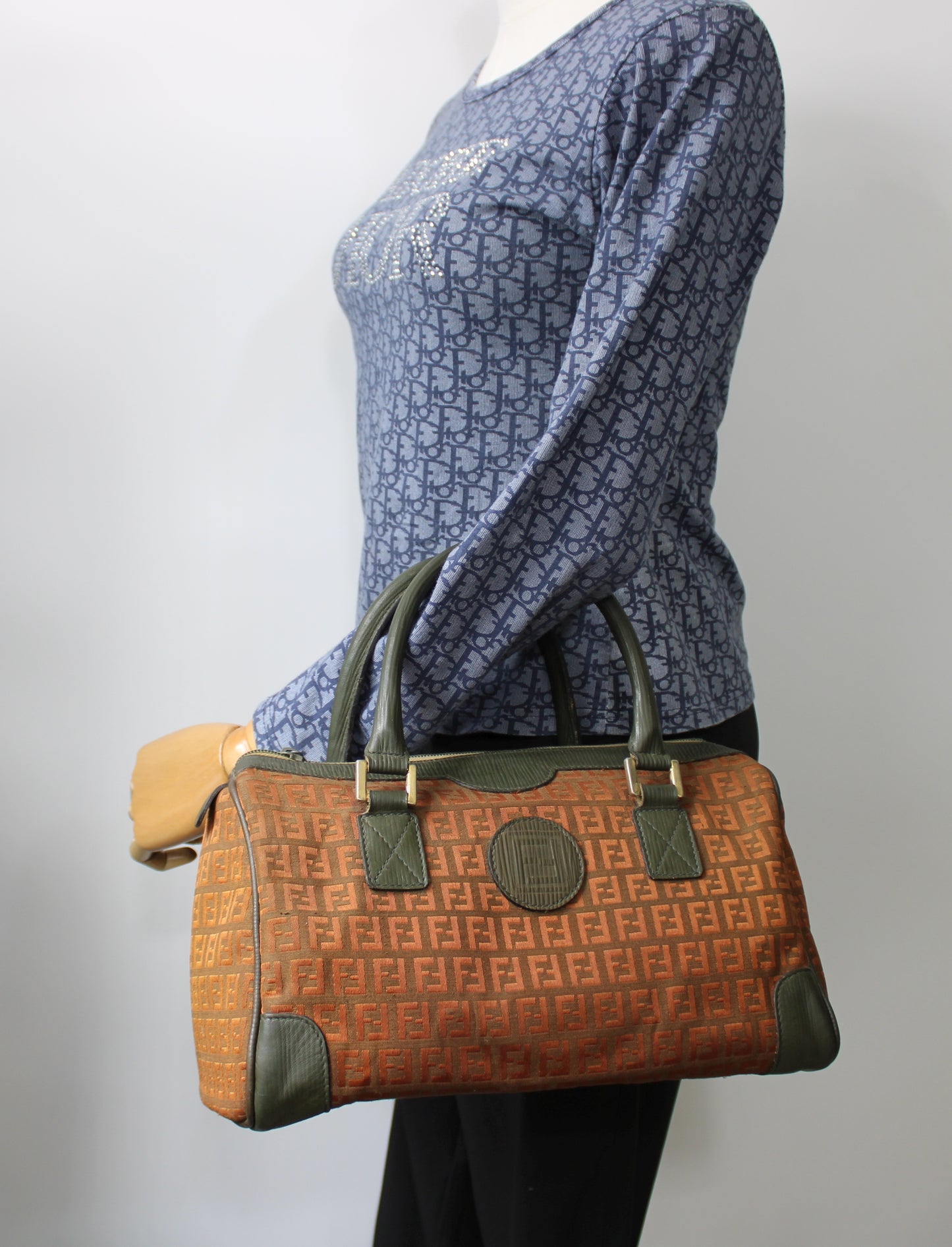 Fendi Orange Zucca Canvas Leather Boston Bag